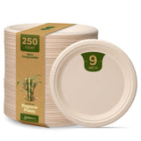 Comfy Package GUSTO 9 Inch - Paper Plates, 100% Compostable Plates Heavy-Duty - [250 Count] Kraft Biodegradable Plates, Disposable Sugarcane Paper