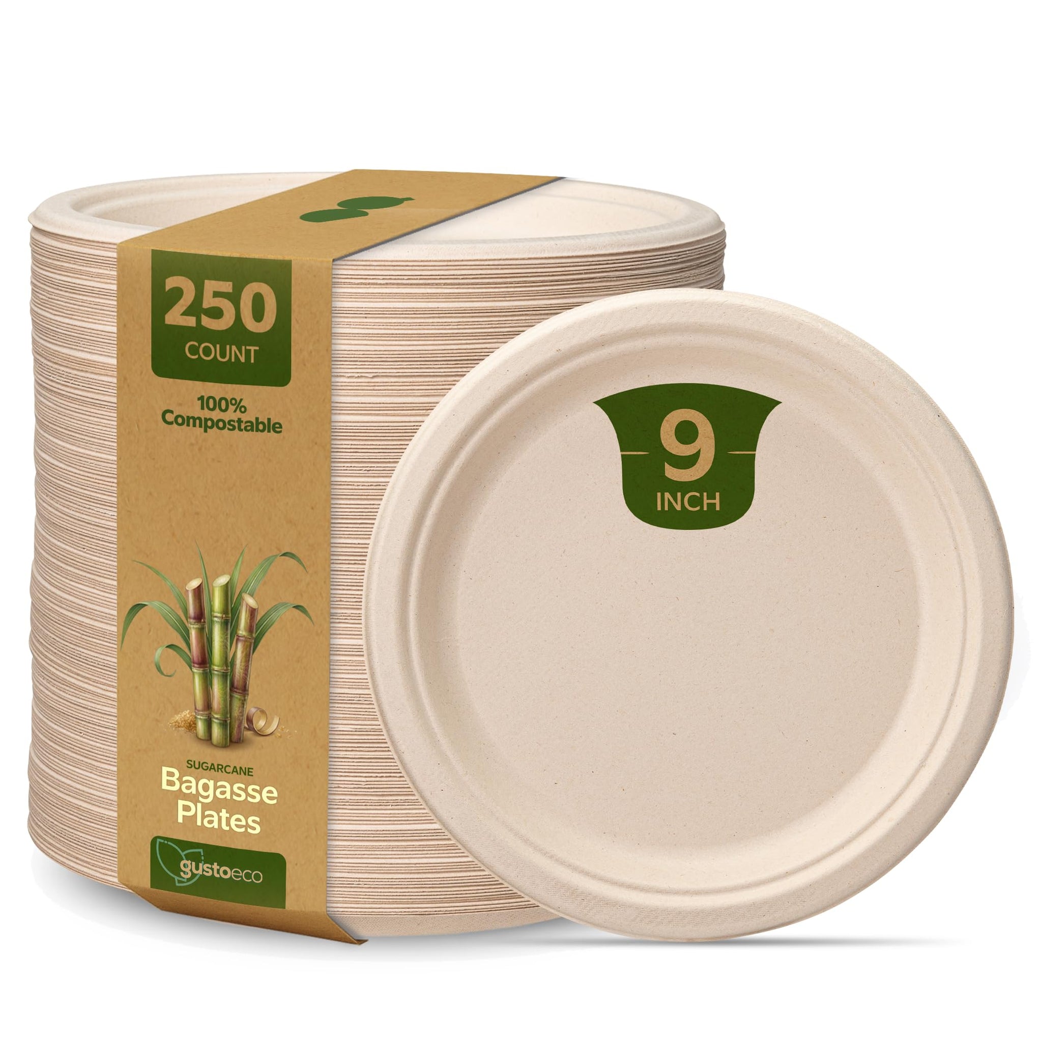 Comfy Package GUSTO 9 Inch - Paper Plates, 100% Compostable Plates Heavy-Duty - [250 Count] Kraft Biodegradable Plates, Disposable Sugarcane Paper
