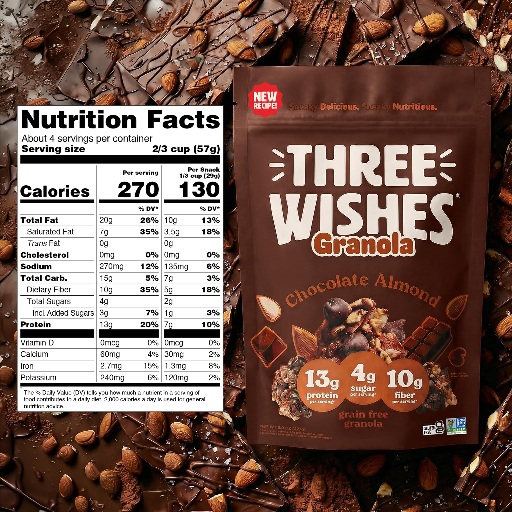 Three Wishes Granola, Chocolate Almond (4-Pack) - Gluten Free Granola, 13g Protein & 4g Sugar Healthy Breakfast & On-the-Go Snack - Vegan, Kosher