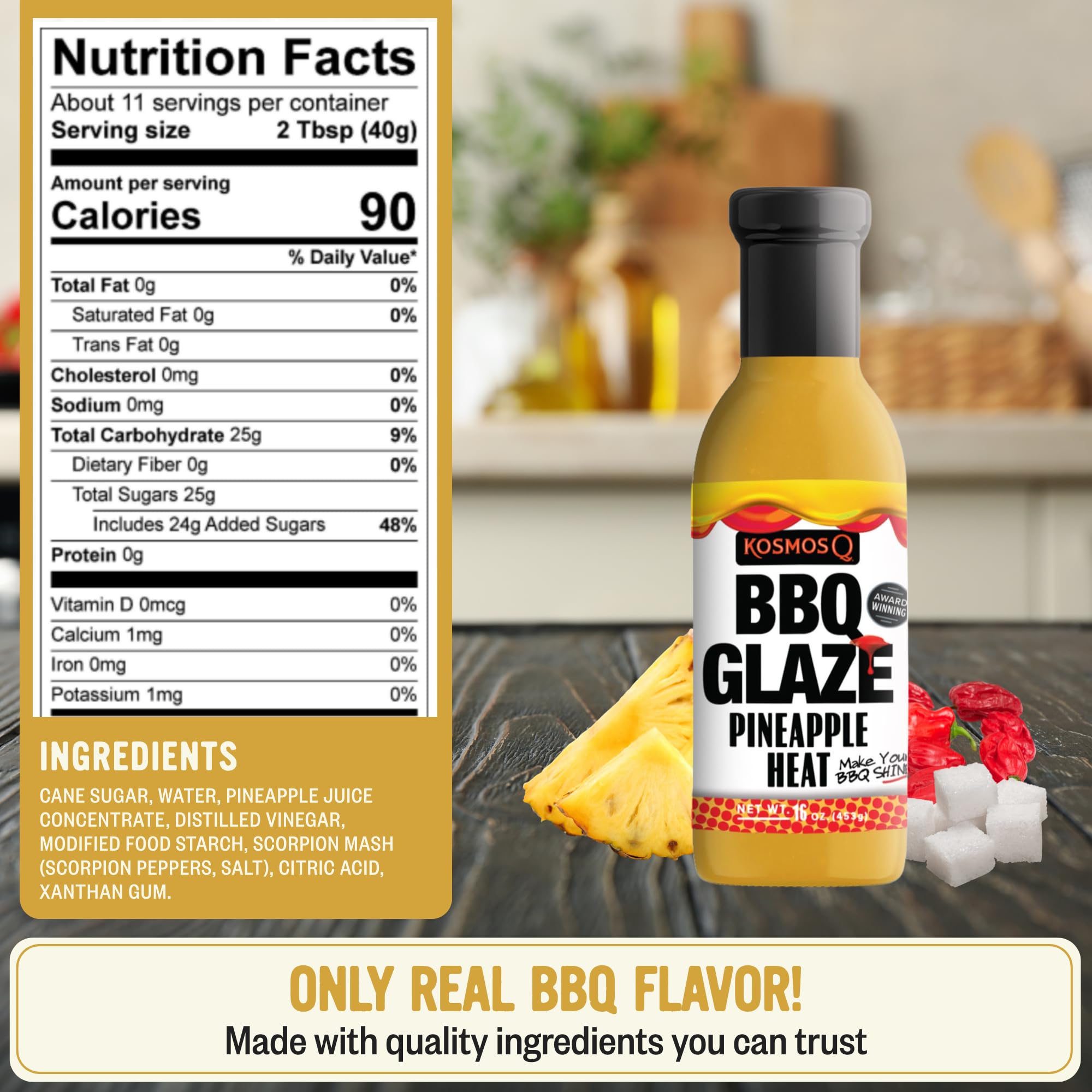 Kosmos Q Pineapple Heat BBQ Glaze, Sweet and Spicy Glaze for Ribs, Chicken, Pork, and Brisket, Thick Competition-Style BBQ Glaze with Real Pineapple