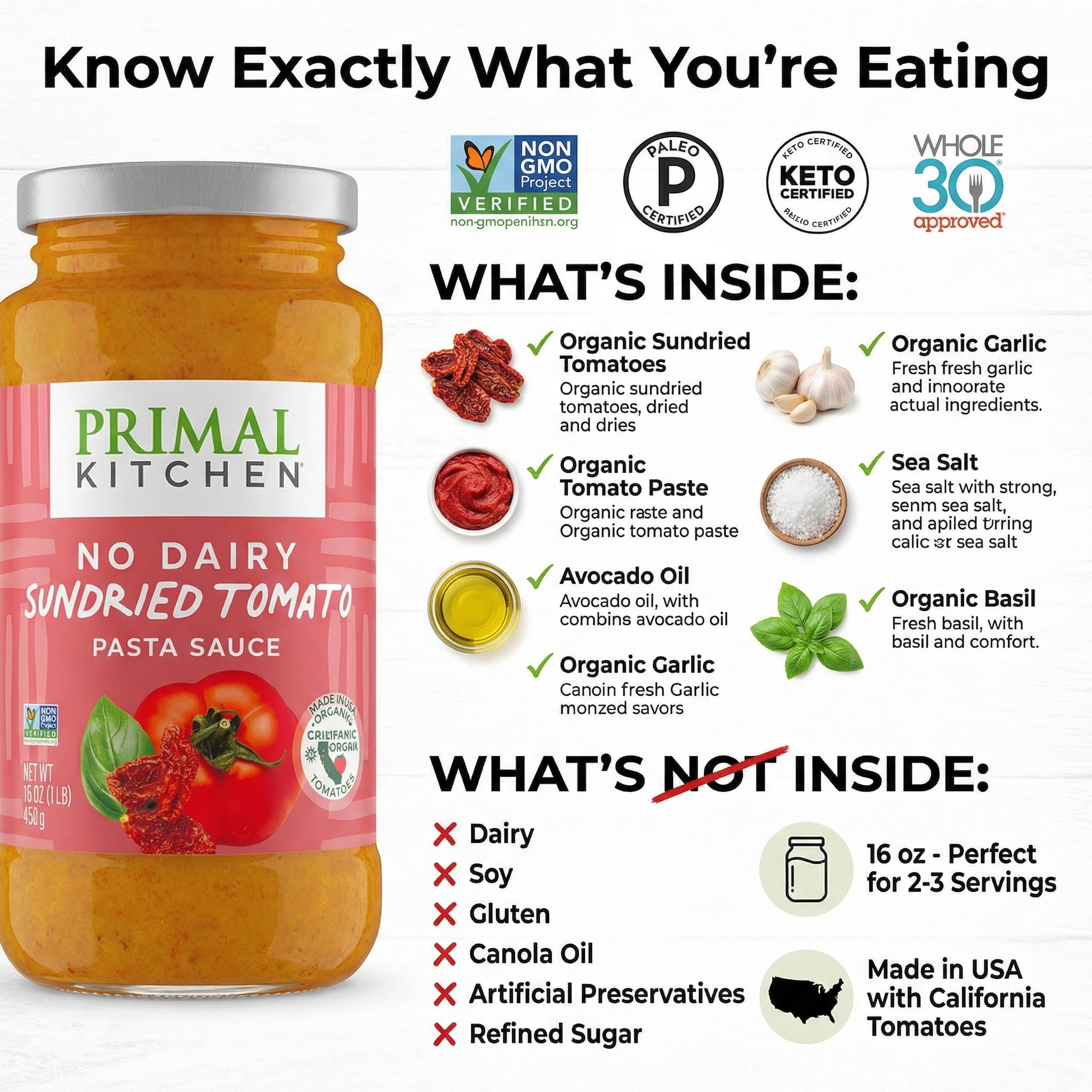 Primal Kitchen Sauce Herb Tomato Creamy Sundried Tomatoes - 15 oz Jar - Pack of 1 - Primal Kitchen Sauce for Pasta and Pizza - Organic Pasta Sauce