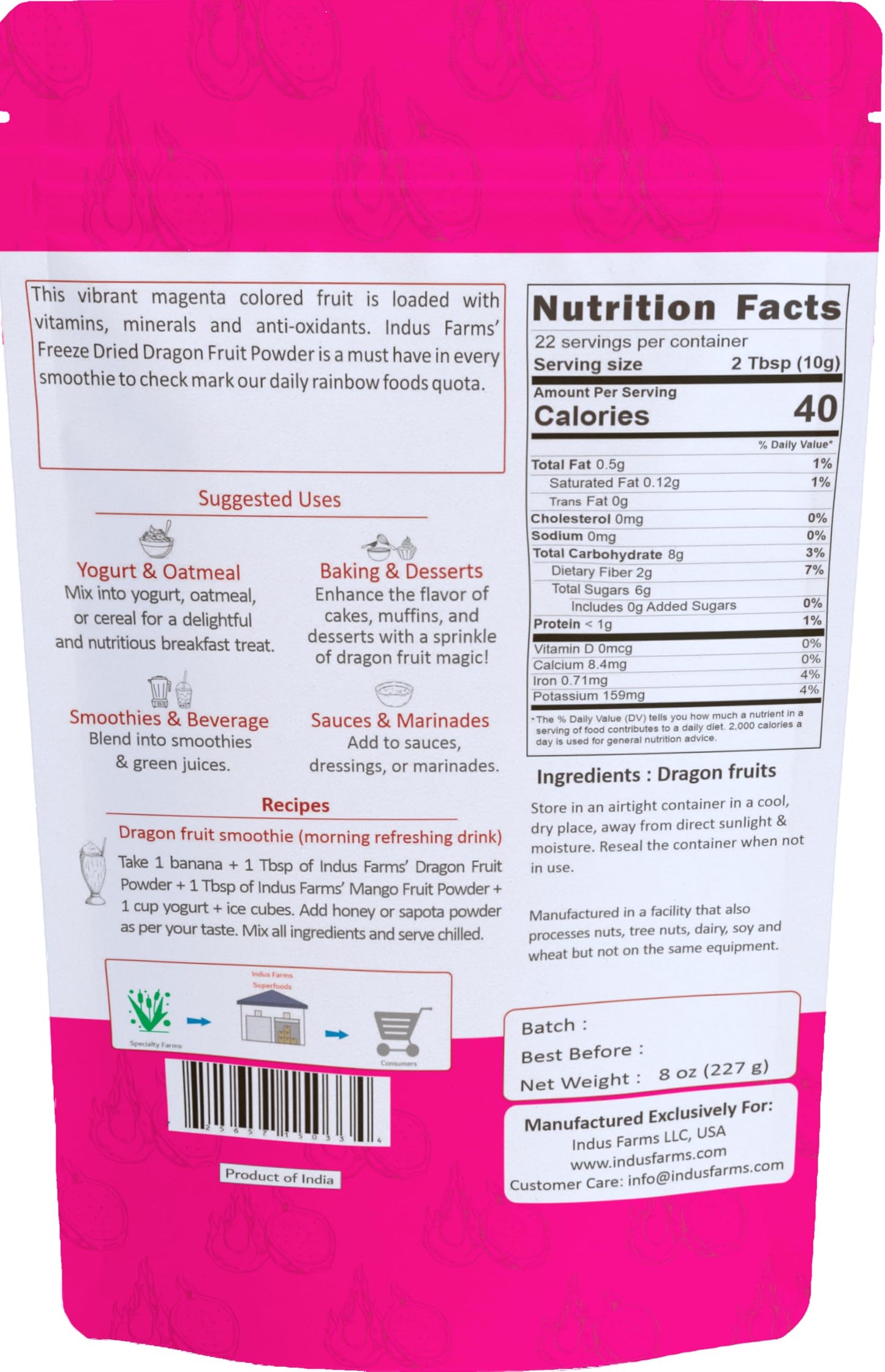 Indus Farms Freeze Dried Dragon Fruit Powder (Pitaya) - Vibrant Magenta Pink, Single Ingredient, No Added Sugar - Smoothies, Baking, Drinks & Yogurt