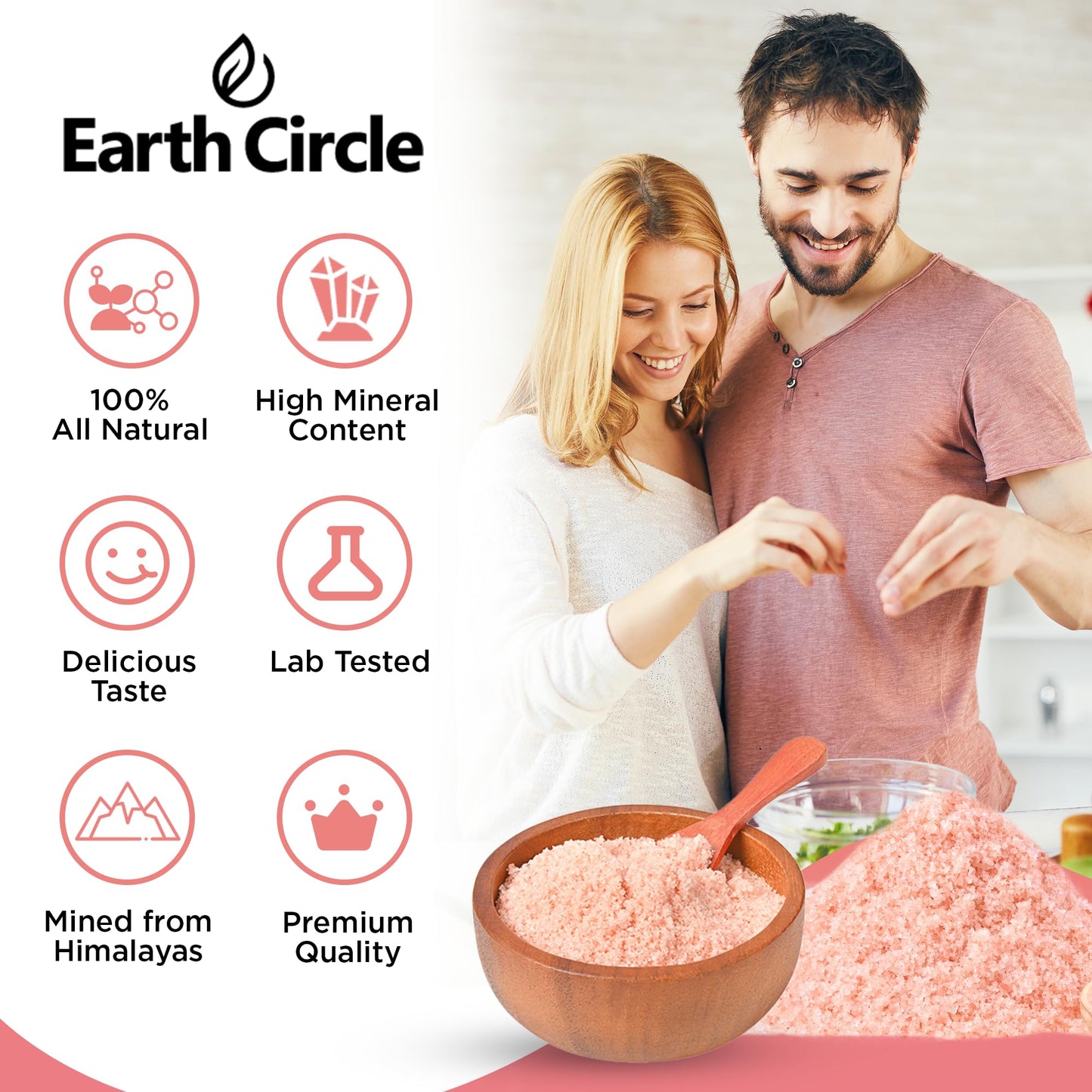 Earth Circle Premium Himalayan Unrefined Pink Fine Grain Salt, Pure Culinary Grade - Kosher, Nutrient and Mineral Dense, 1 Pound (Pack of 3)