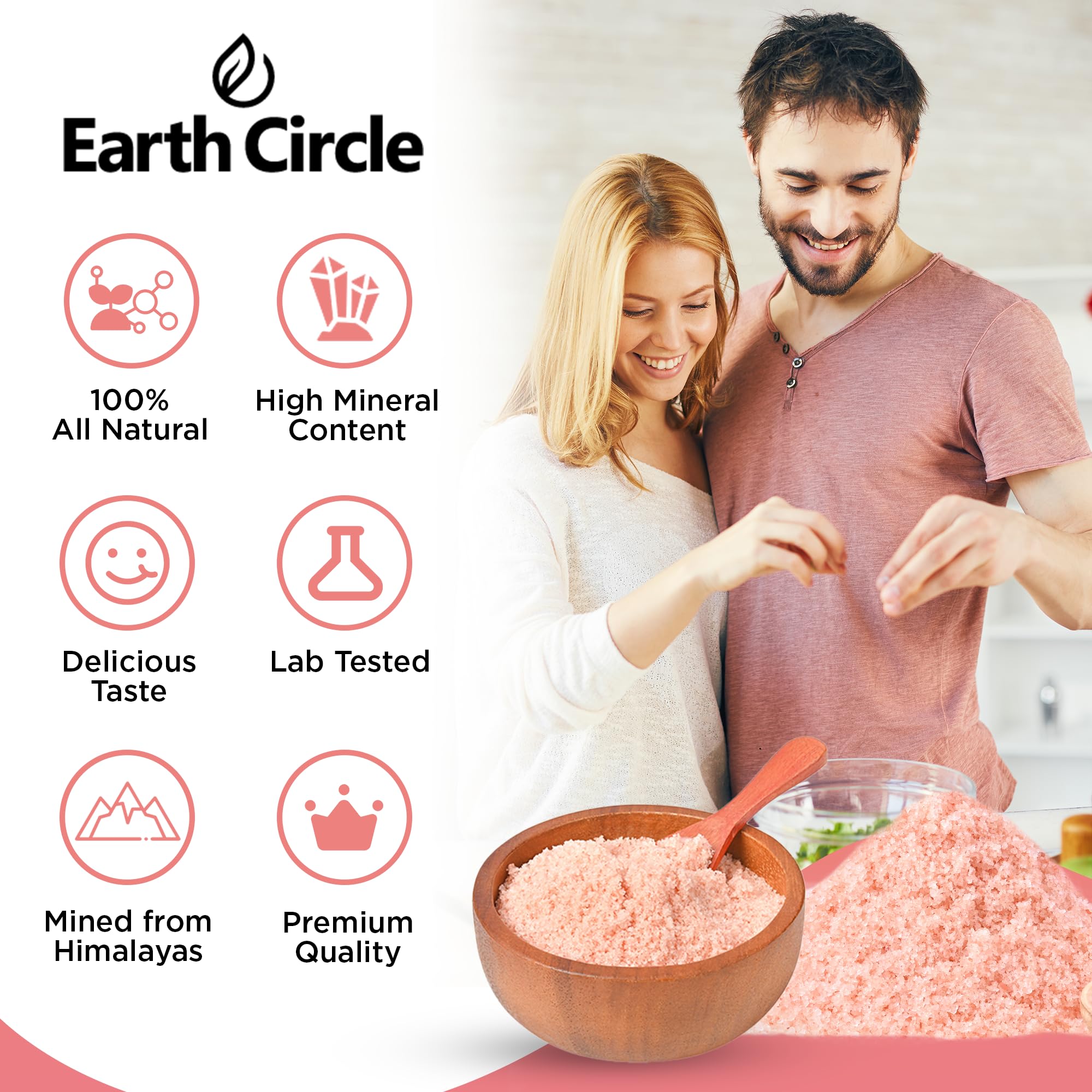 Earth Circle Premium Himalayan Unrefined Pink Fine Grain Salt, Pure Culinary Grade - Kosher, Nutrient and Mineral Dense, 1 Pound (Pack of 3)