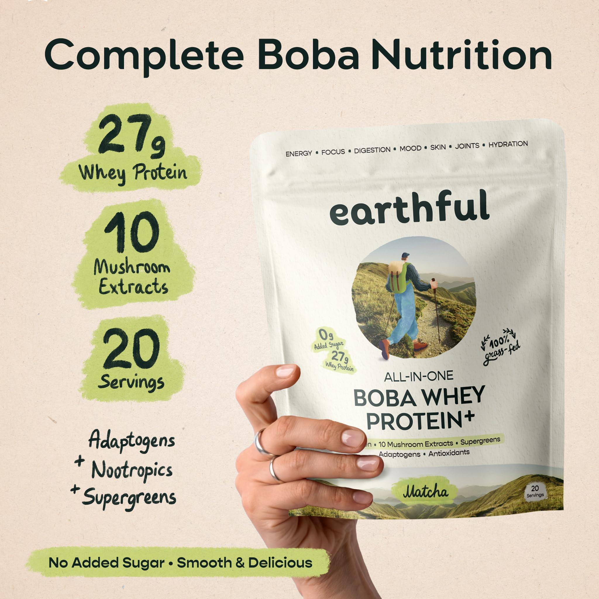EARTHFUL Boba Whey Protein 27g Grass-Fed Whey & Collagen, Boba Tea with Supergreens, 10 Mushrooms, Adaptogens, Nootropics, No Added Sugar Meal