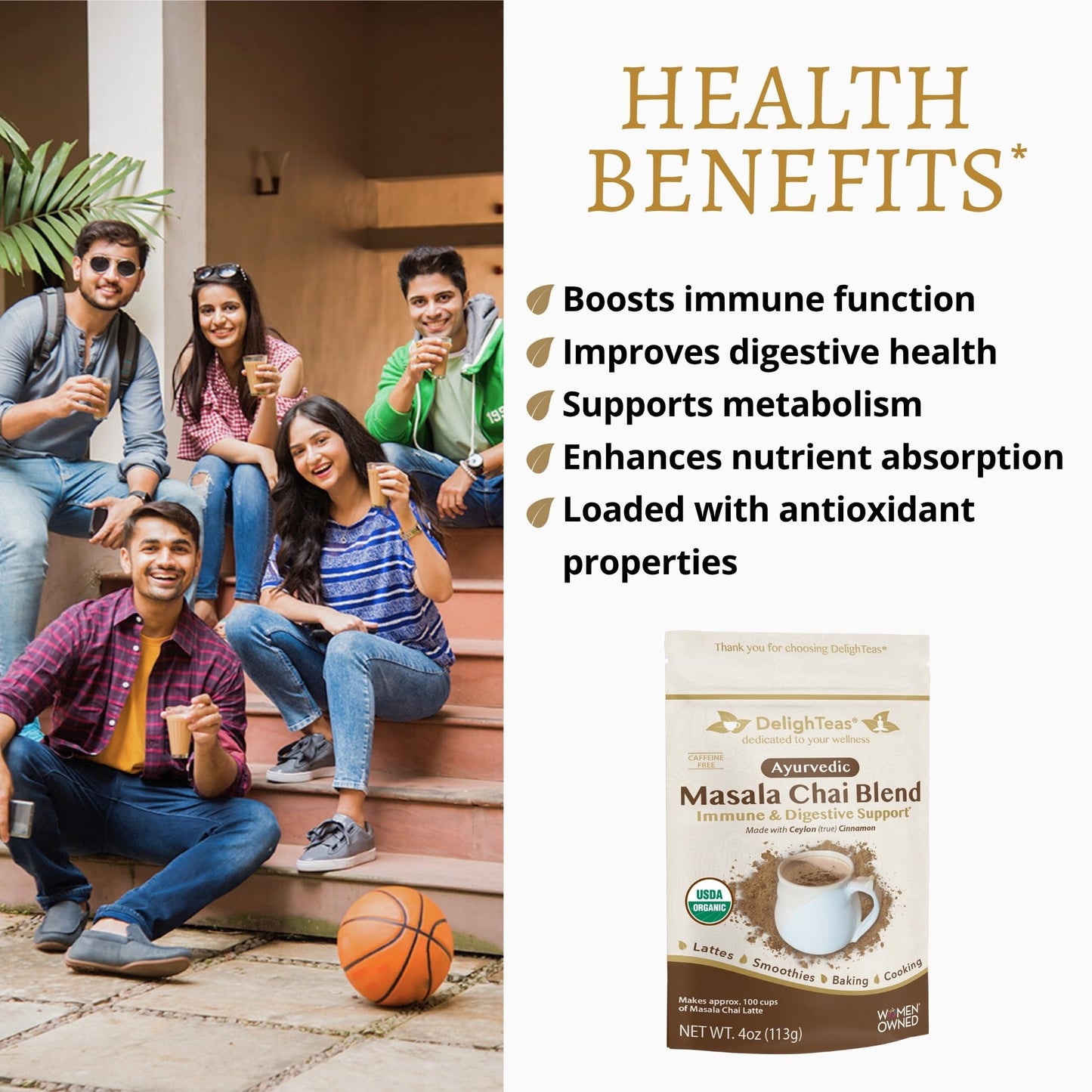 DelighTeas Organic Masala Chai Powder | Caffeine free, Unsweetened, Vegan, Keto | Ayurvedic Digestive Support blend for Chai Spice Tea | 100 Servings