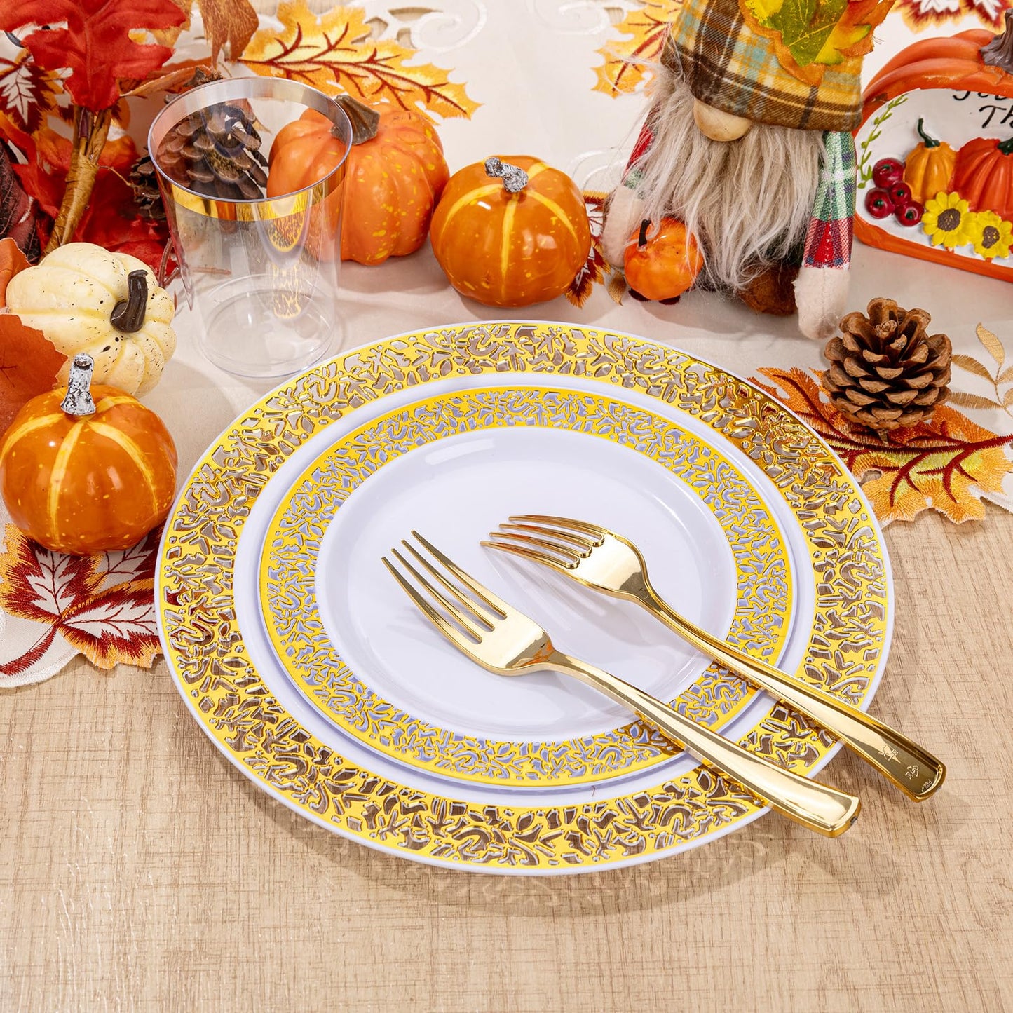 160pcs White Gold Plastic Plates,Gold Plastic Dinnerware Set Christmas Plastic Plates Includes:20 Dinner Plates,20 Dessert Plates,40 Forks,20