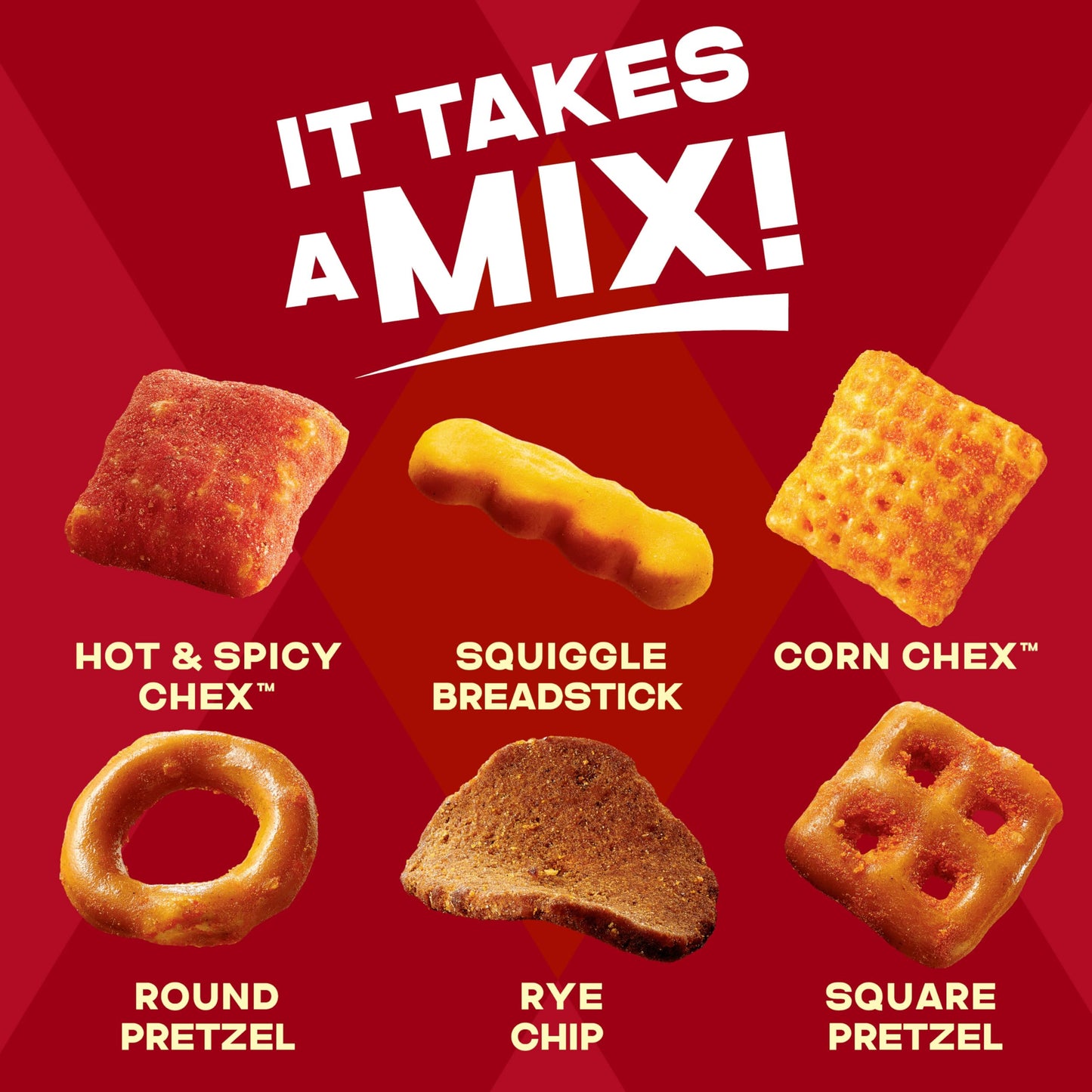 Chex Mix Hot and Spicy Snack Mix, Savory Snack Bag, Family Size, 13.5 oz