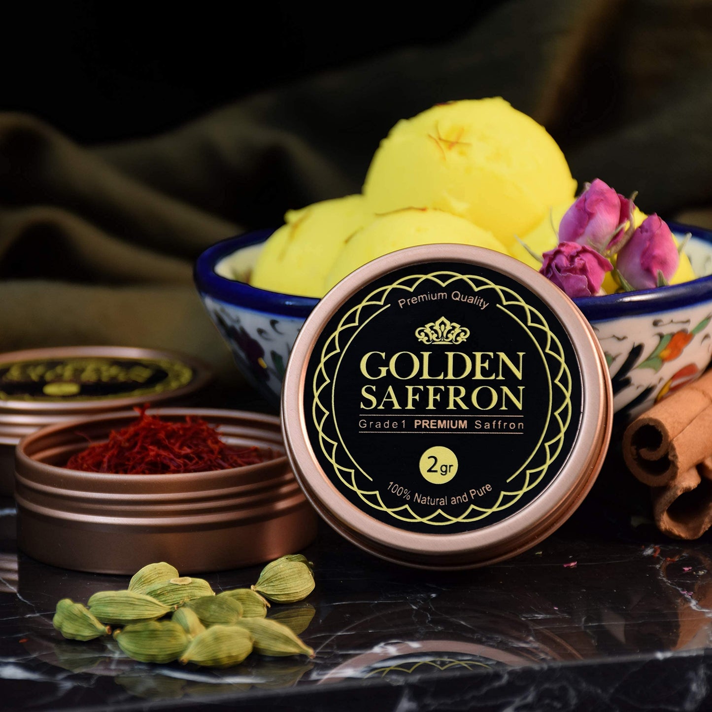 Golden Saffron, Finest Pure Premium All Red Saffron Threads, Grade A+ Super Negin, Non-GMO Verified. For Tea, Paella, Rice, Desserts, Golden Milk