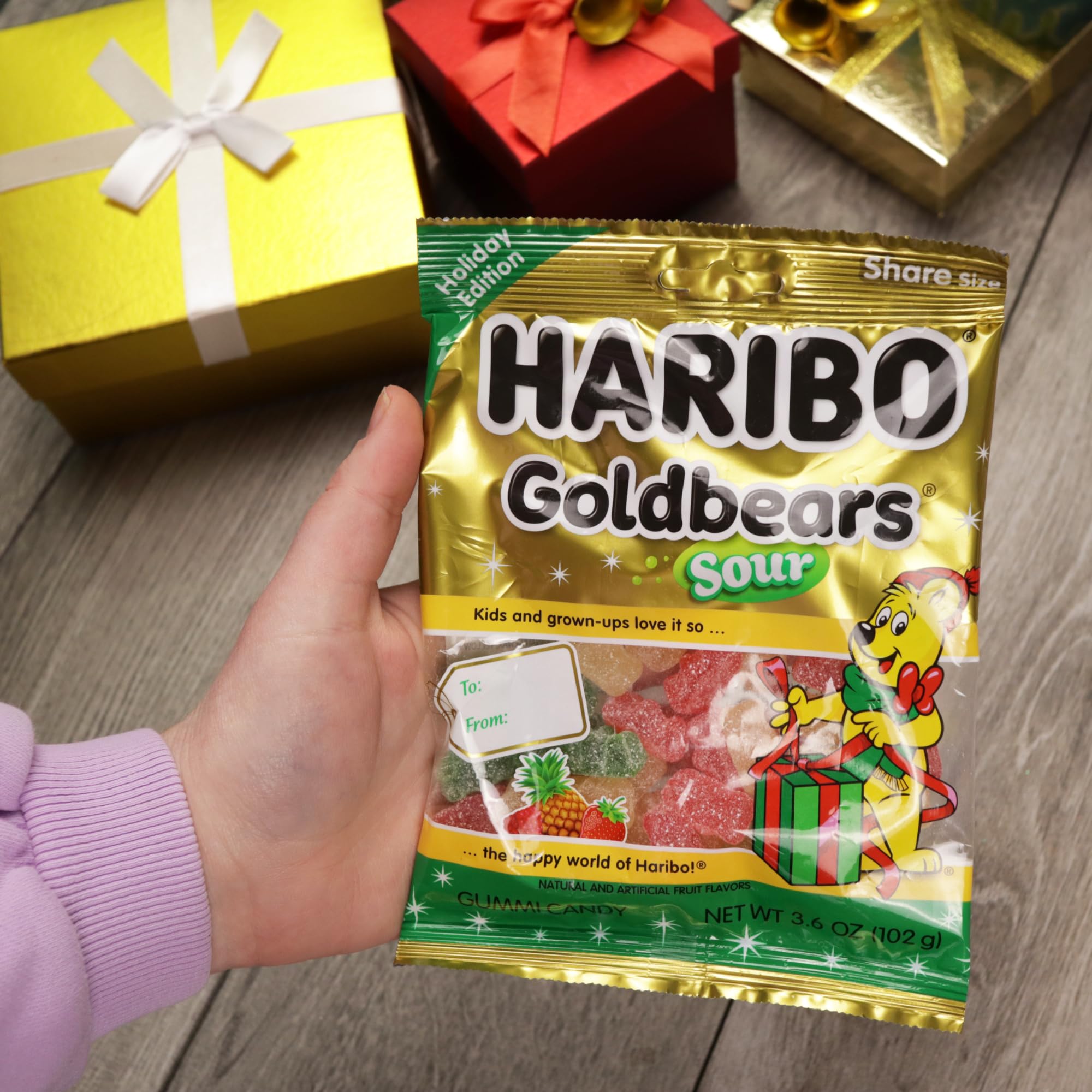 Christmas Haribo Sour Goldbears, Assorted Fruit Flavored Gummy Bears, Holiday Stocking Stuffer Candy, 4 Ounces (Pack of 3)