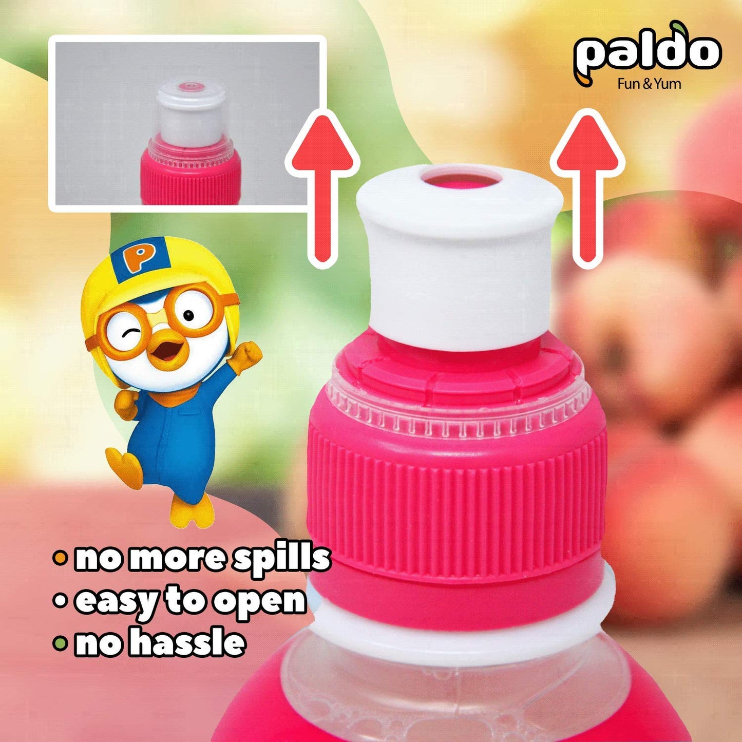 Paldo Fun & Yum Pororo Kids Peach Flavor Drink, Pack of 8, Fruit Juice Drinks with Comfortable Push-Pull Sports Cap, Perfect Drink for Children 7.95