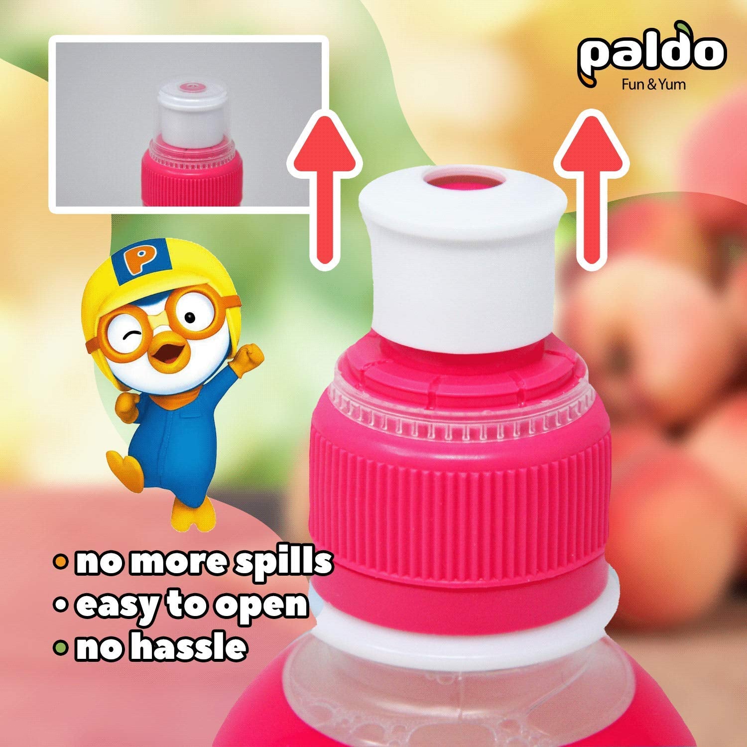 Paldo Fun & Yum Pororo Kids Peach Flavor Drink, Pack of 8, Fruit Juice Drinks with Comfortable Push-Pull Sports Cap, Perfect Drink for Children 7.95