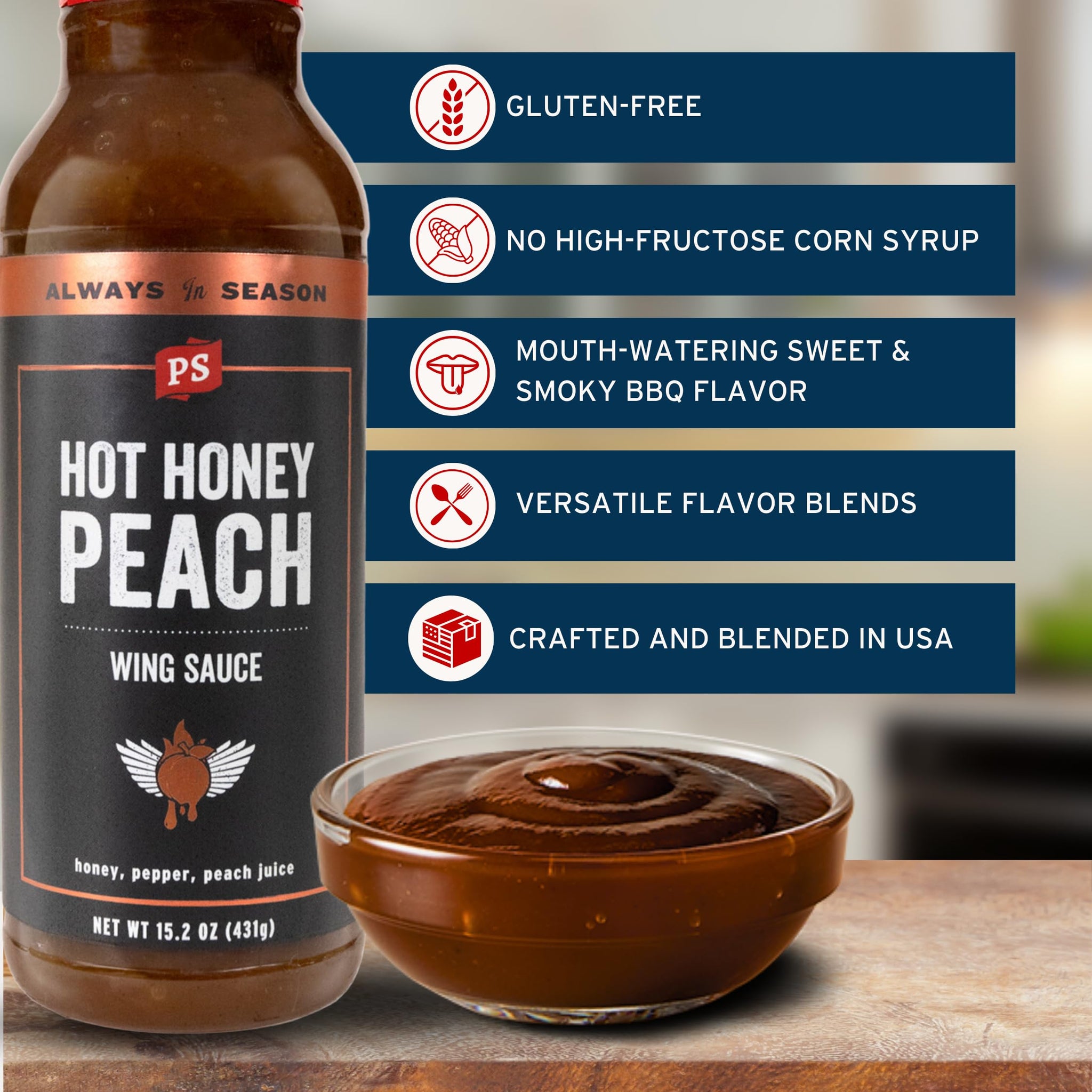PS Seasoning Hot Honey Peach Chicken Wing Sauce - All-Purpose Hot Wing Sauce for Dipping, Tossing, Glazing, Marinating - Sweet and Spicy Honey