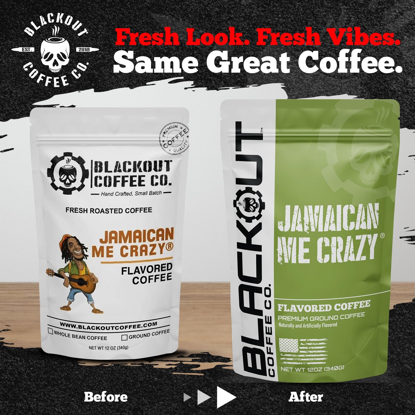 Blackout Coffee Jamaican Me Crazy Flavored Medium Roast - Freshly Roasted in the USA - 12 oz Ground Coffee Pouch