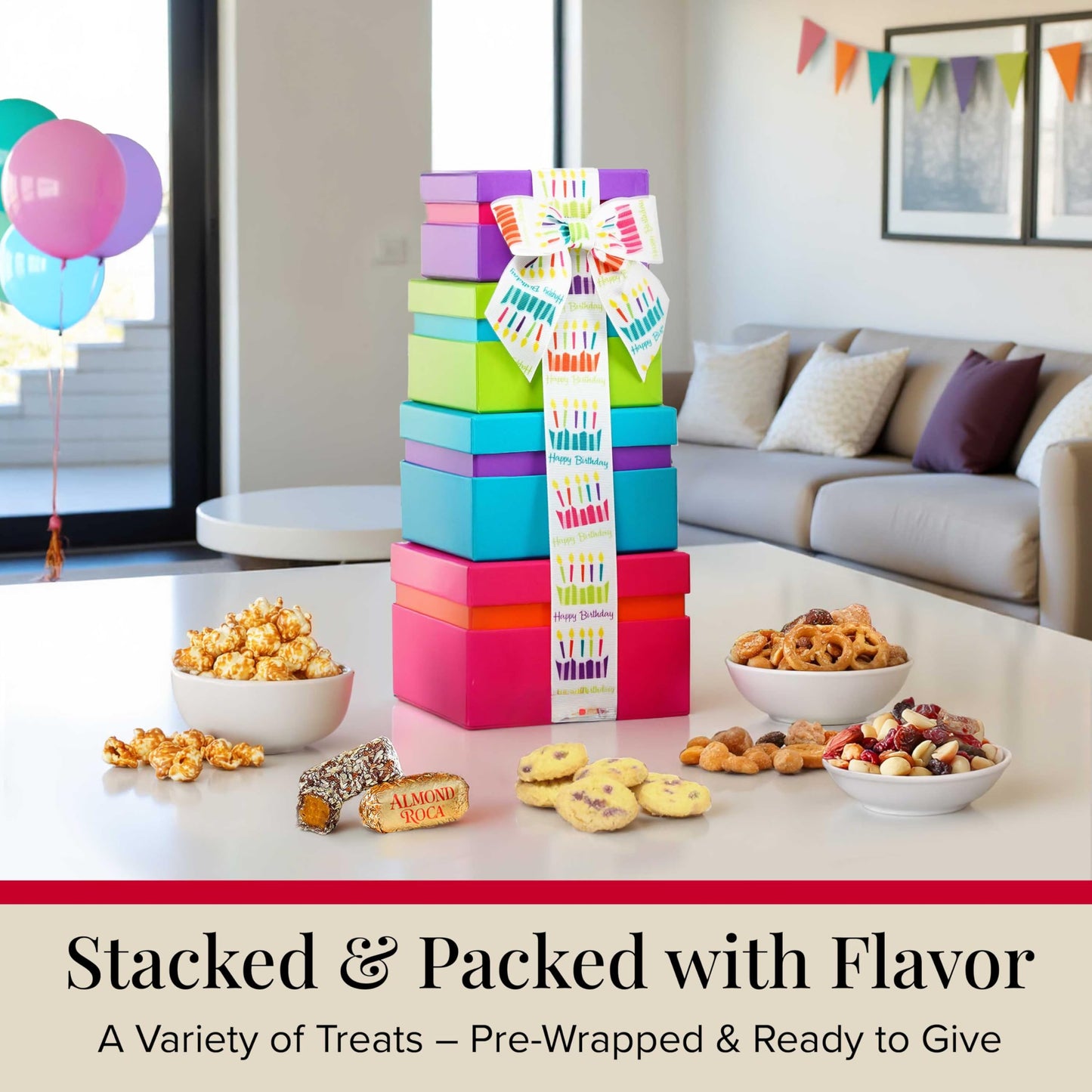 Broadway Basketeers Birthday Food Gift Basket 4 Box Tower - Snack Box, Sweet & Savory Treats for Parties, Best Wishes, Birthday Presents for Women