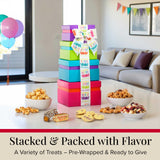 Broadway Basketeers Birthday Food Gift Basket 4 Box Tower - Snack Box, Sweet & Savory Treats for Parties, Best Wishes, Birthday Presents for Women
