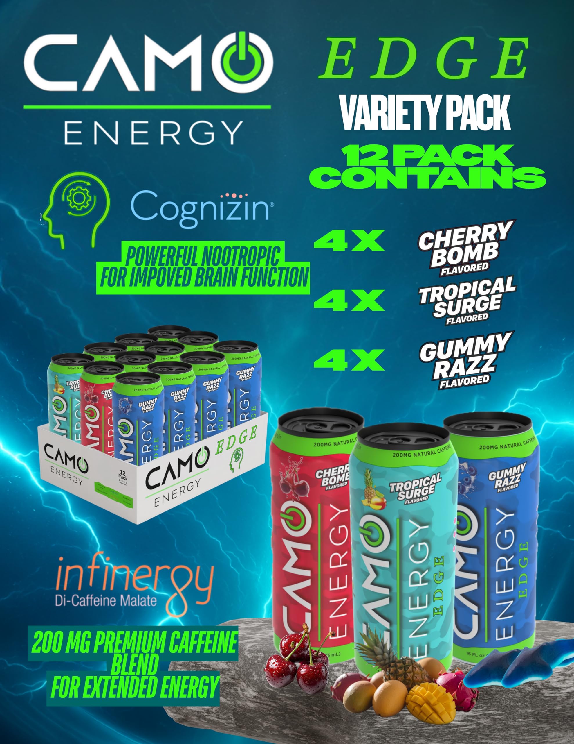 CAMO Energy Edge Variety Pack Energy Drink, Cherry Bomb, Tropical Surge, Gummy Razz (4 each)16oz Cans, 12 Pack, Ultra Premium Caffeine Blend
