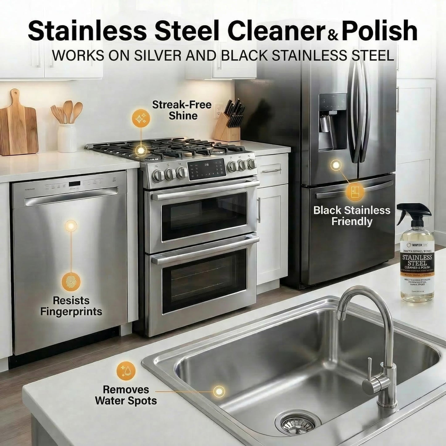 Thirteen Chefs Stainless Steel Cleaner and Polish for Fridge, Oven, Cooktop, Kitchen Appliances, BBQ and Ranges - 16oz