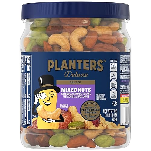 PLANTERS Deluxe Mixed Nuts with Sea Salt, 27 oz Resealable Container - Variety Mixed Nuts Snacks with Cashews, Almonds, Pecans, Pistachios & Hazelnuts