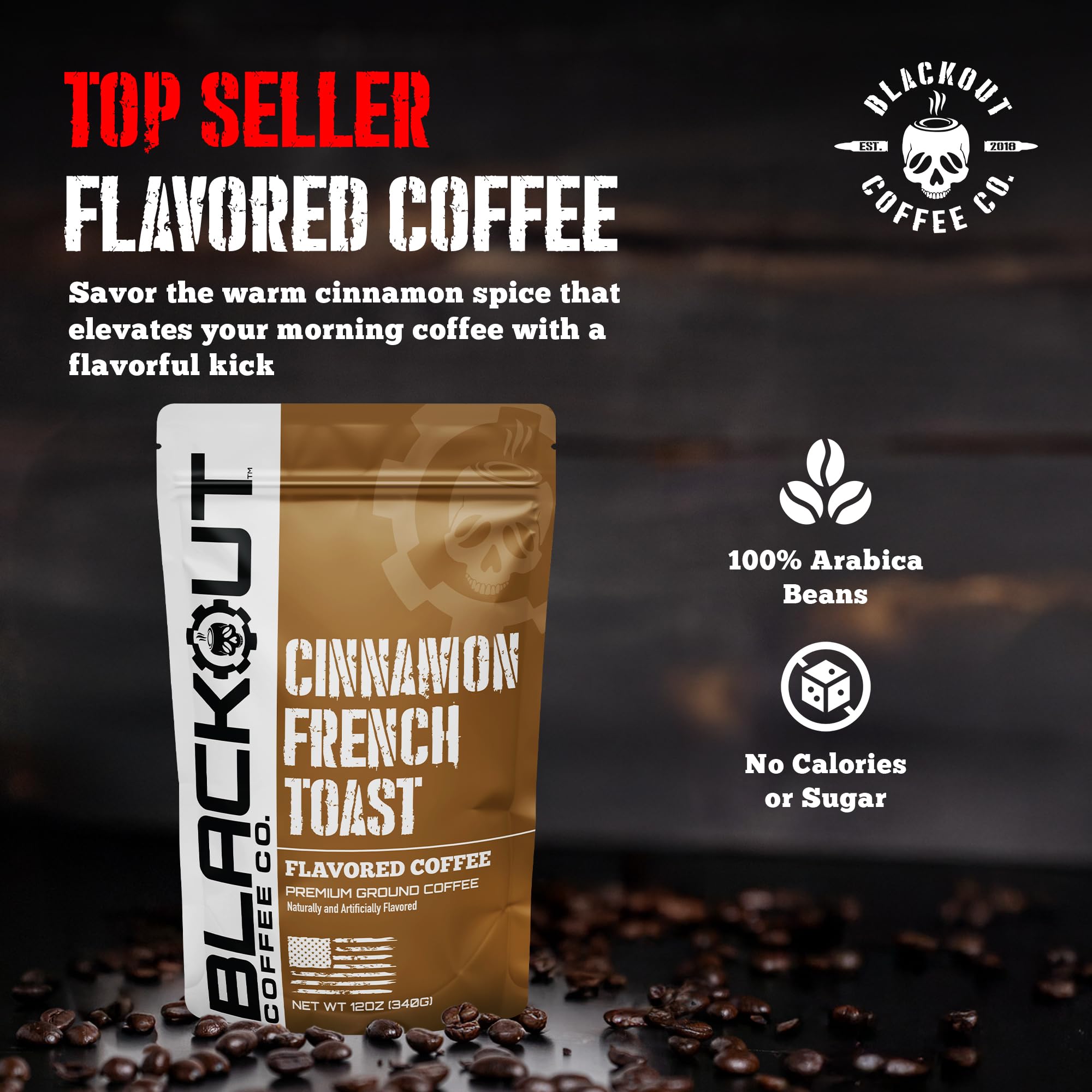 Blackout Coffee Cinnamon French Toast Flavored Ground Coffee - Medium Roast, Smooth Taste, Guilt-Free Indulgence - Freshly Roasted 12oz Pouch