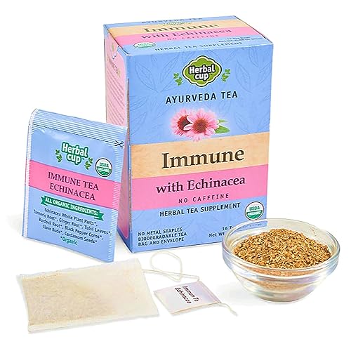 Herbal Cup Ayurveda Immune Tea, Organic Echinacea Booster, No Caffeine Herbal Teas (Immune Echinacea, 16 Count (Pack of 6))
