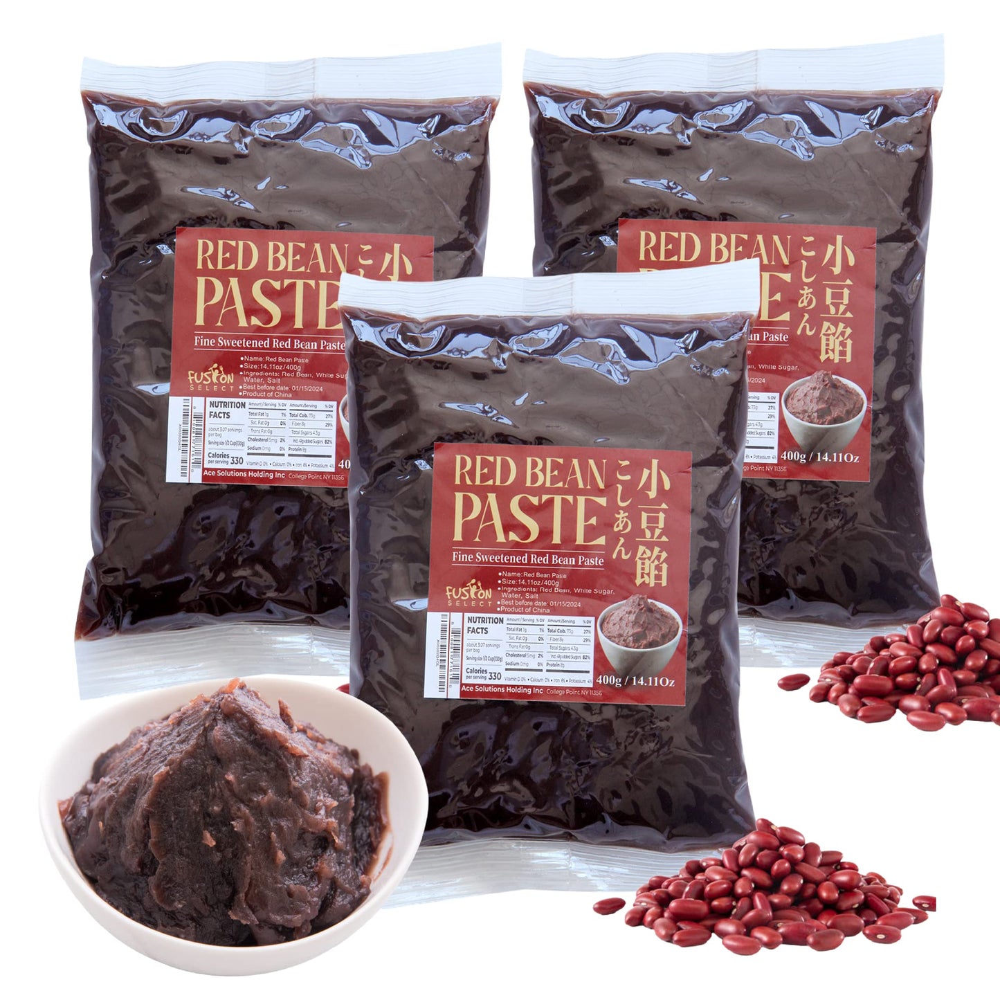 Fusion Select 3 Packs Red Bean Paste - Fine Sweetened Adzuki Bean Paste for Desserts, Buns, Pastry Filling, Mochi - For Chinese, Japanese & Korean