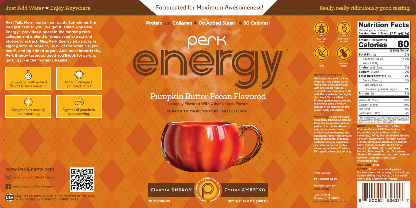 Perk Energy Drink Mix (Pumpkin Butter Pecan) 20 Servings - Caffeinated Healthy Coffee Alternative with Protein, 100mg of Caffeine, Gluten-Free