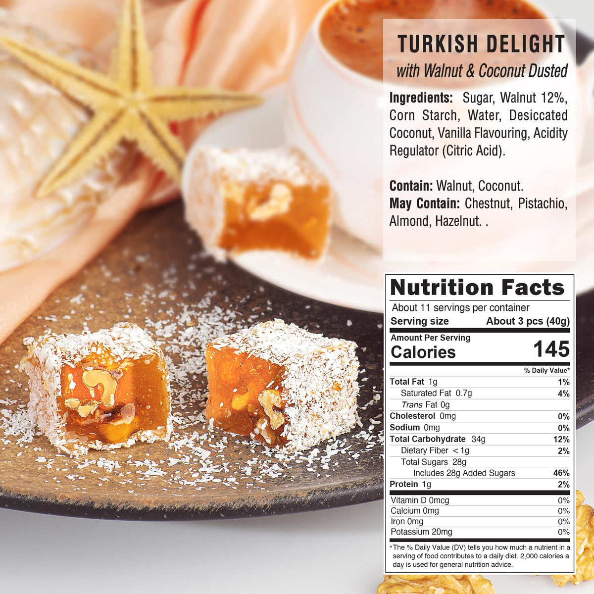 HazerBaba Coconut Dusted Turkish Delight Candy with Walnut, 16oz(Pack of 1)