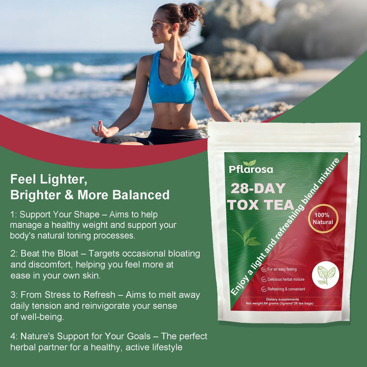 Detox Tea 28 Count, Natural Herbal Tea with Oolong & Green Tea Extract, Yerba Mate & Ginseng - Supports Balanced Diet & Metabolism Boost - Vegan