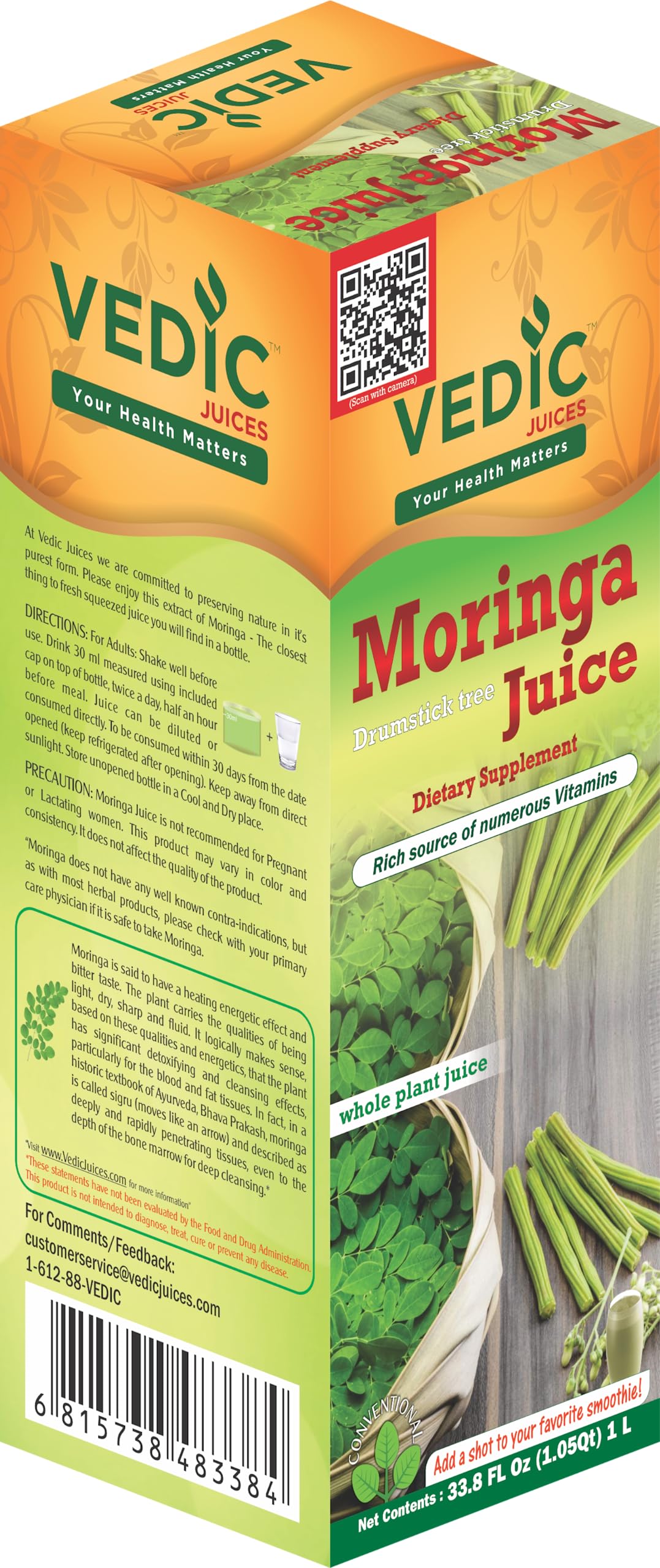 Vedic Moringa Juice Energy Plus - Multivitamin and Antioxidant Drink - Natural Leaf Plant Protein - 33.8oz, Ideal for Daily Use