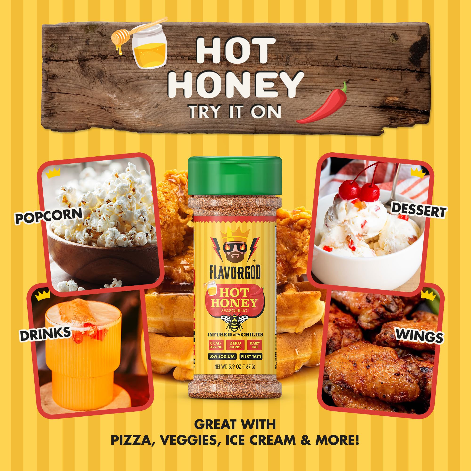 Hot Honey Seasoning Mix by Flavor God - Sweet & Spicy All Natural Spice Infused Blend with Chilies for Pizza, Fried Chicken, Wings, Cornbread