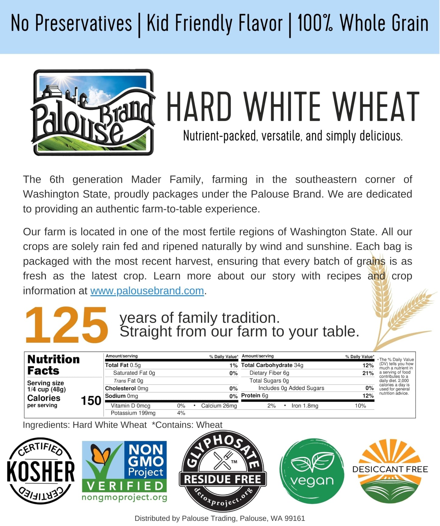 Palouse Brand Certified Glyphosate Residue Free Bread Flour | 3 LBS | Whole Grain | Stone Ground | Non-GMO | 100% Non-Irradiated | Kosher | USA Grown