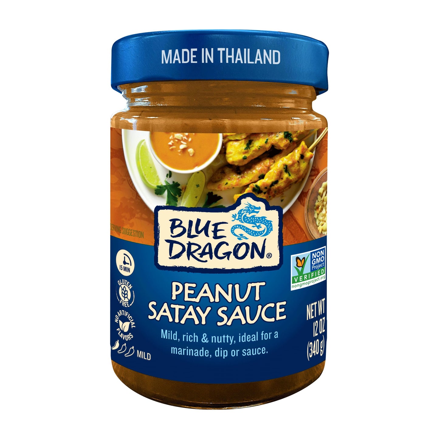 Blue Dragon Peanut Satay Sauce - 12oz Jar (Pack of 1) - Mild, Rich, Nutty and Ready-to-Use Cooking Sauce for Marinades, Dips, Stir-Fries and Noodle