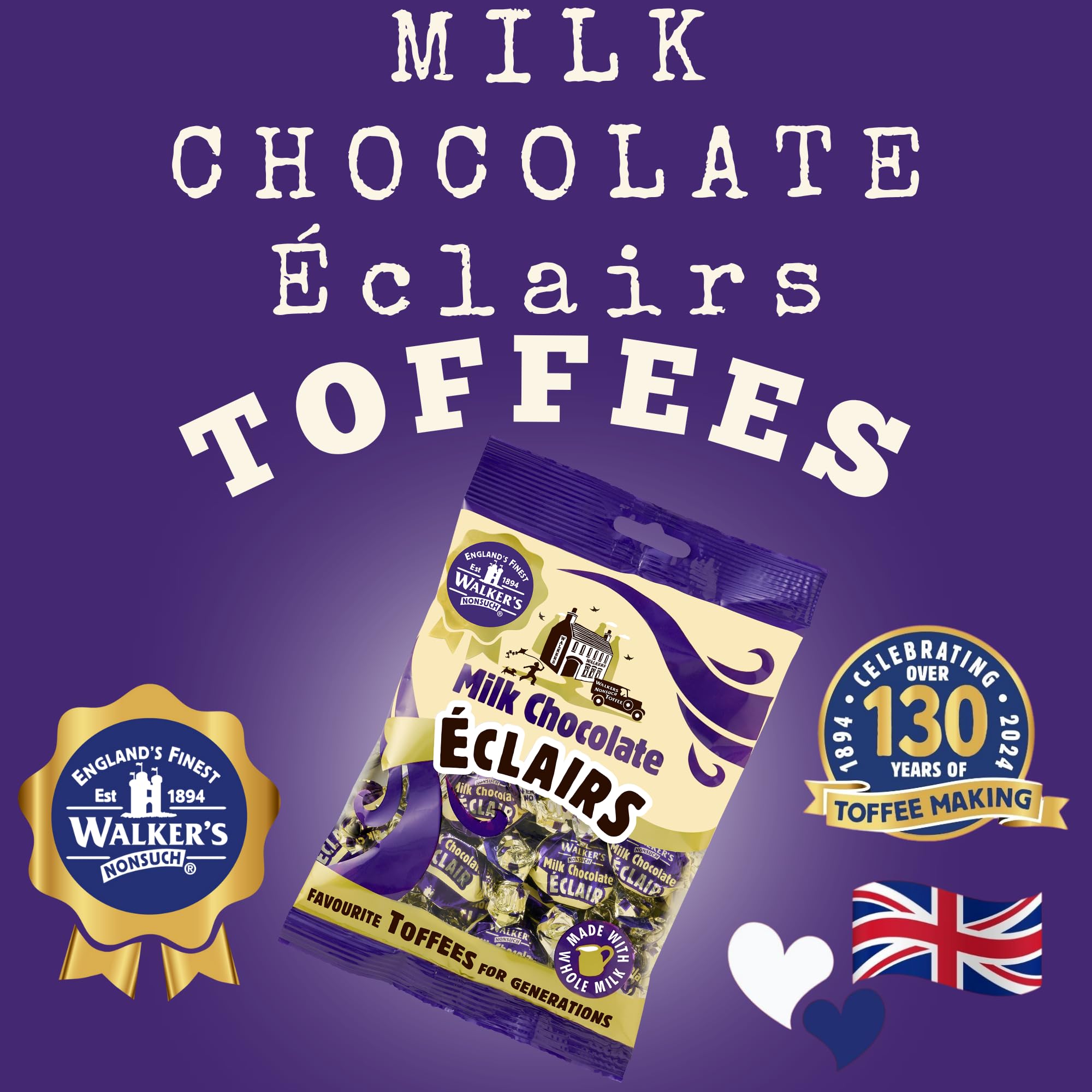 Walkers Nonsuch Milk Chocolate Eclairs 5.29 oz (Pack of 2) - Traditional British Chewy Butter Toffee Candy, Classic English Creamy Toffee Sweets