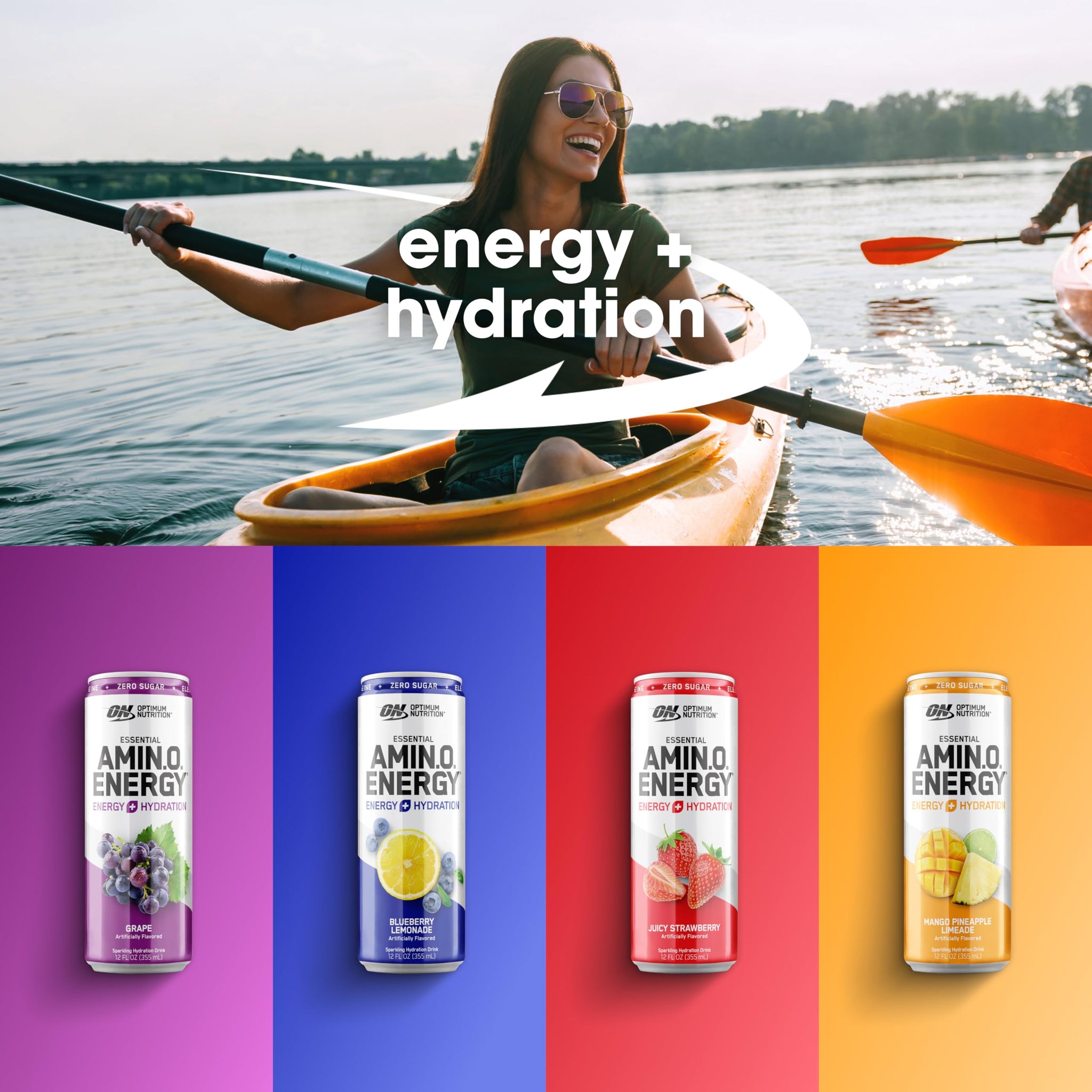 Optimum Nutrition Amino Energy Sparkling Hydration Drink, Electrolytes, Caffeine, Amino Acids, BCAAs, Sugar Free, 12 Fl Oz, Variety Pack of 12