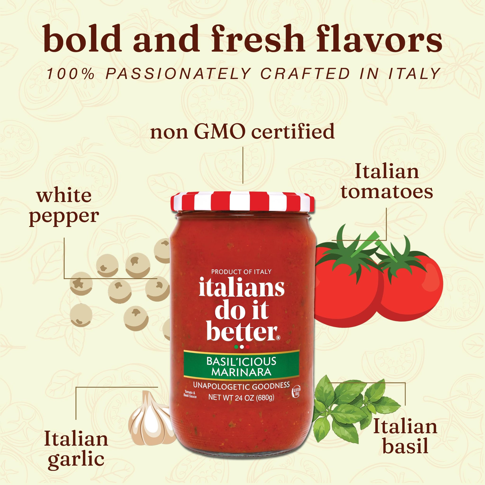 Italians Do It Better Basil'icious Marinara Pasta Sauce - Authentic Italian Tomatoes, Fresh Basil & Garlic - No Sugar Added, Non-GMO