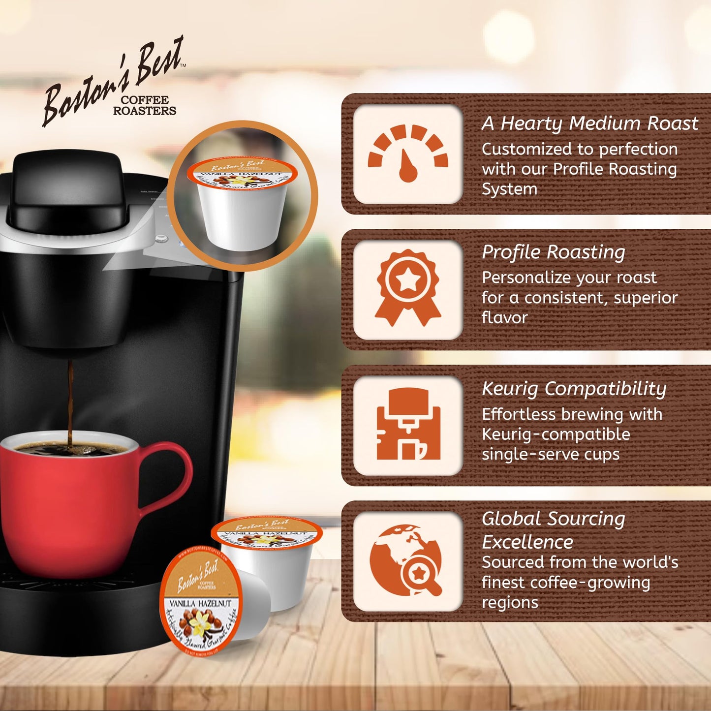 Boston’s Best - Vanilla Hazelnut Delicious Medium Roast Coffee, Flavored Gourmet Compatible with Keurig Coffee Maker, 1 Count (42 Single Serve Cups)