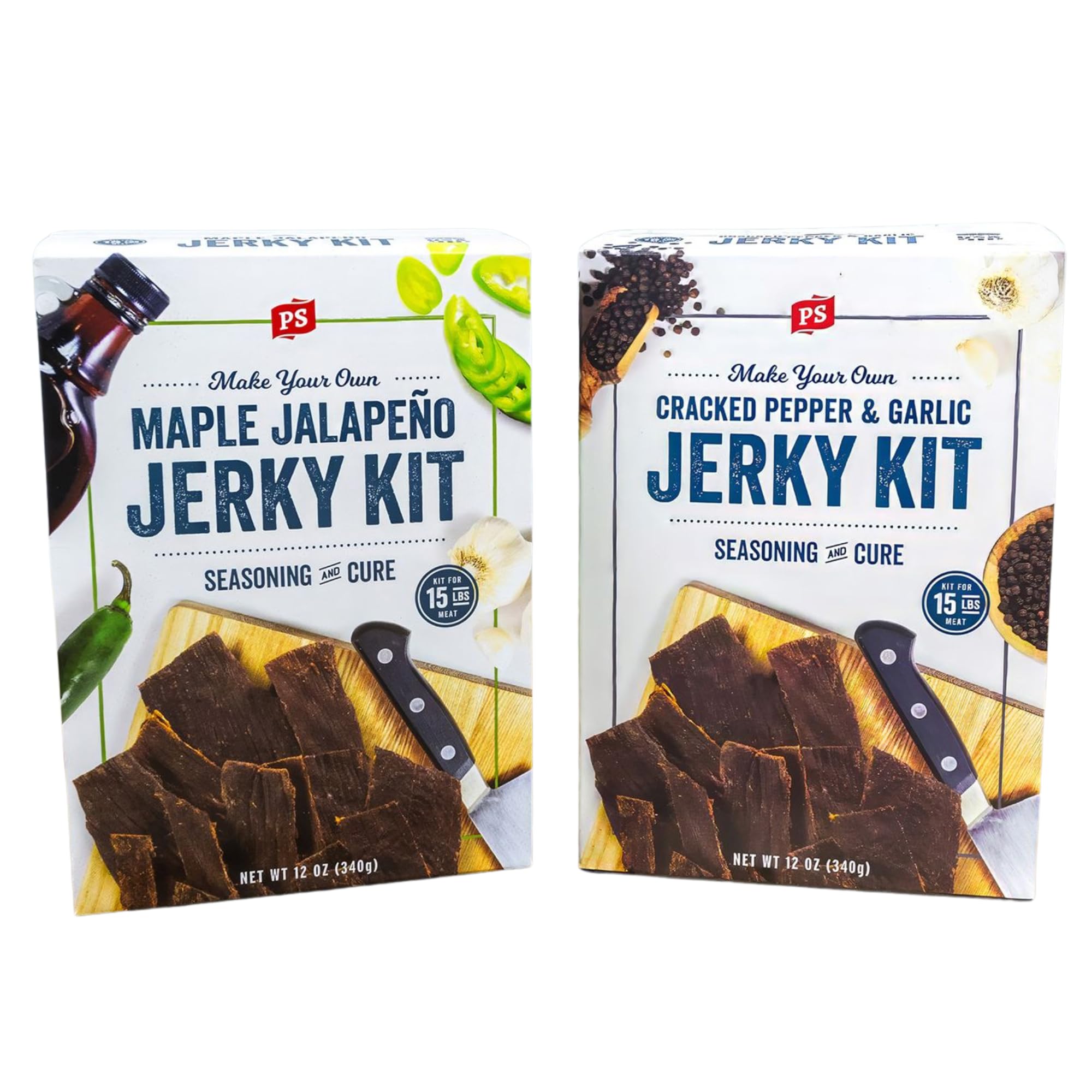 PS Seasoning Jerky Seasoning & Cure Kit Bundle - Maple Jalapeno & Cracked Pepper Garlic, Make Up to 30 lbs of Meat for Flavorful Jerky, Low-Sugar
