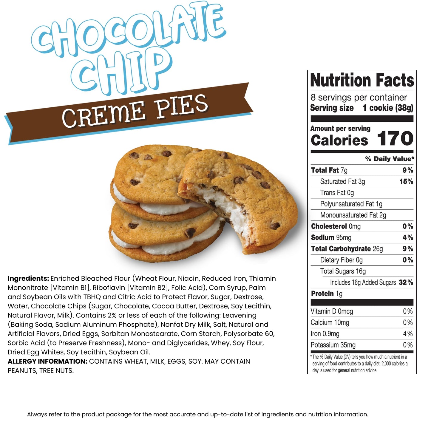 Little Debbie Chocolate Chip Creme Pies, 64 Individually Wrapped Sandwich Cookies (8 Boxes)