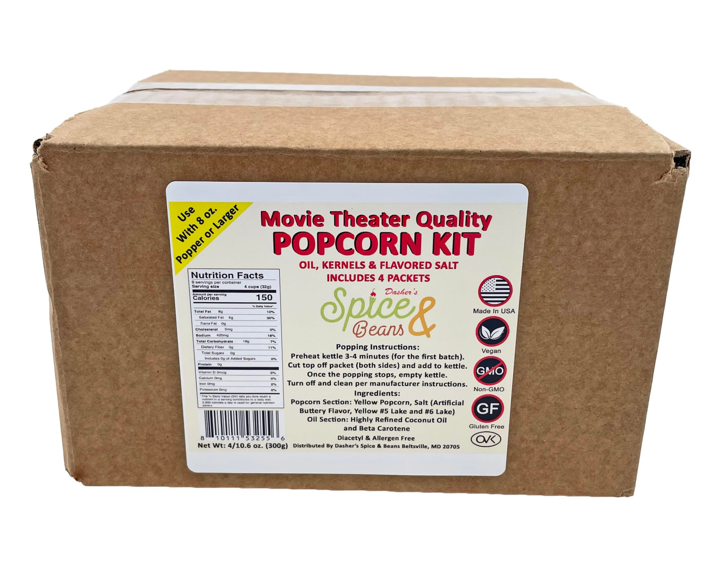Home Theater All in One Popcorn Kit For 8 oz. Popper | Portion Packets with Kernels, Oil and Flavored Salt | By Dasher's Spice & Beans | Pack of 4