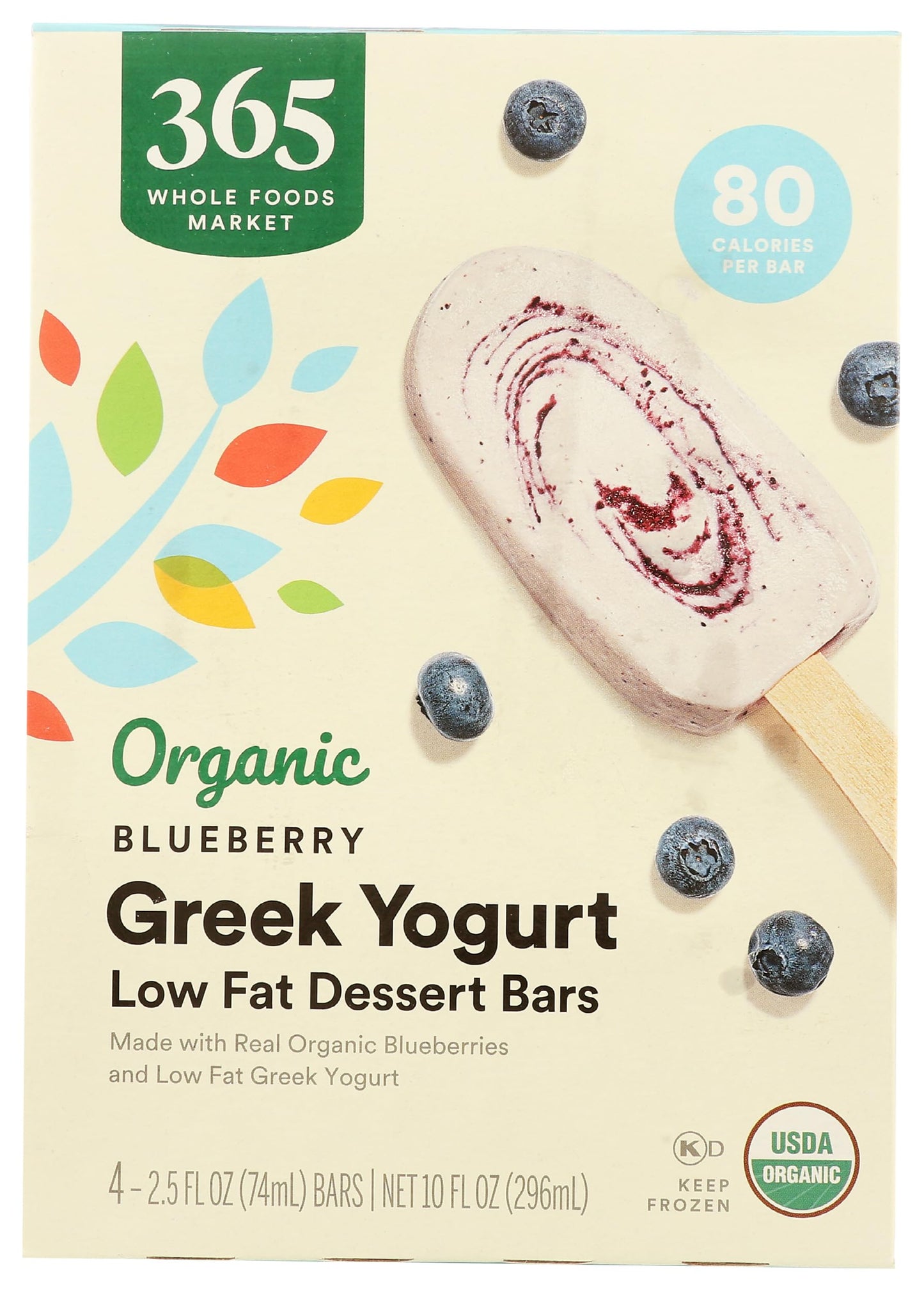 365 by Whole Foods Market, Organic Greek Yogurt Blueberry Low Fat Dessert Bars, 2.5 fl oz, 4 ct, (Frozen)