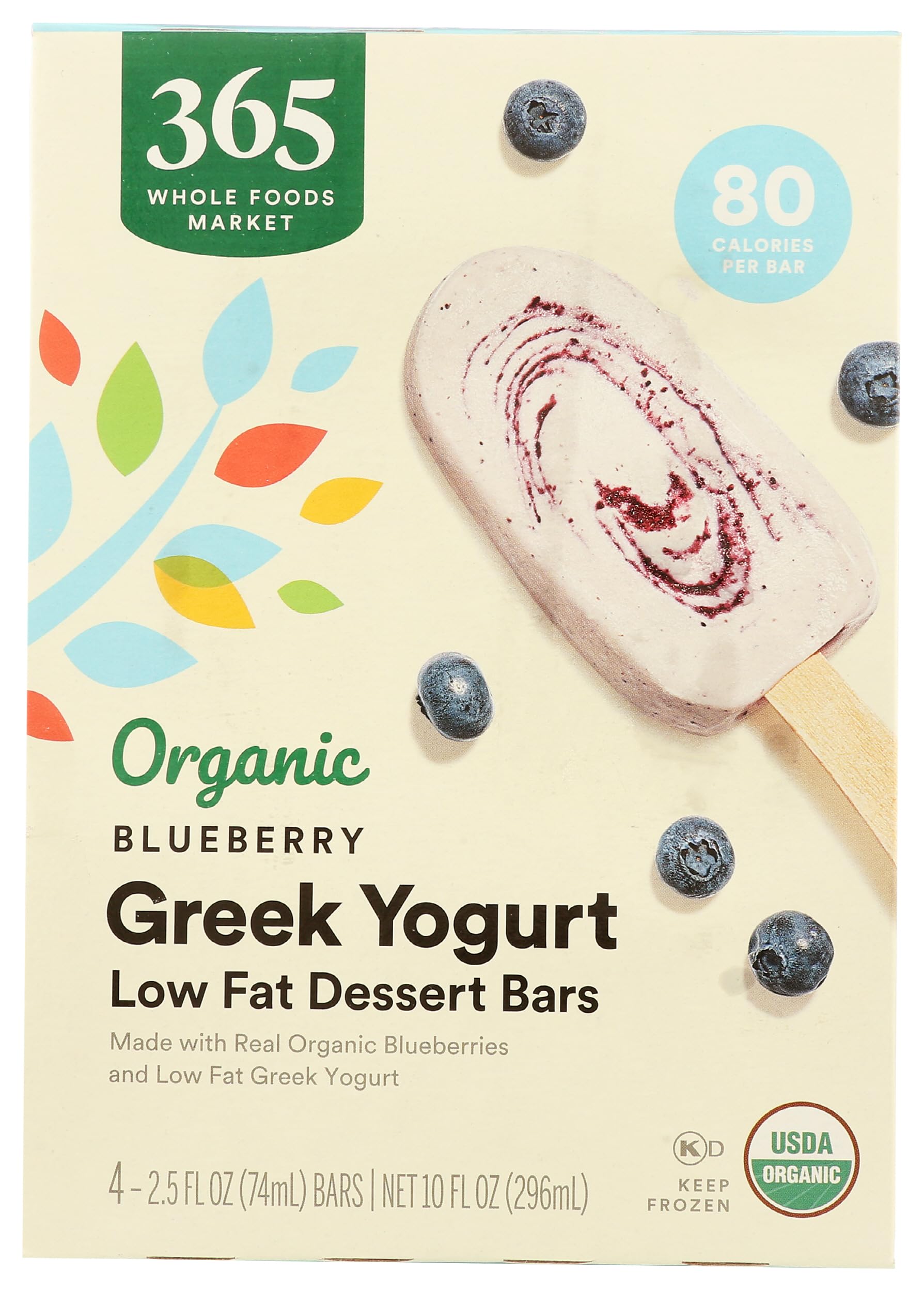 365 by Whole Foods Market, Organic Greek Yogurt Blueberry Low Fat Dessert Bars, 2.5 fl oz, 4 ct, (Frozen)