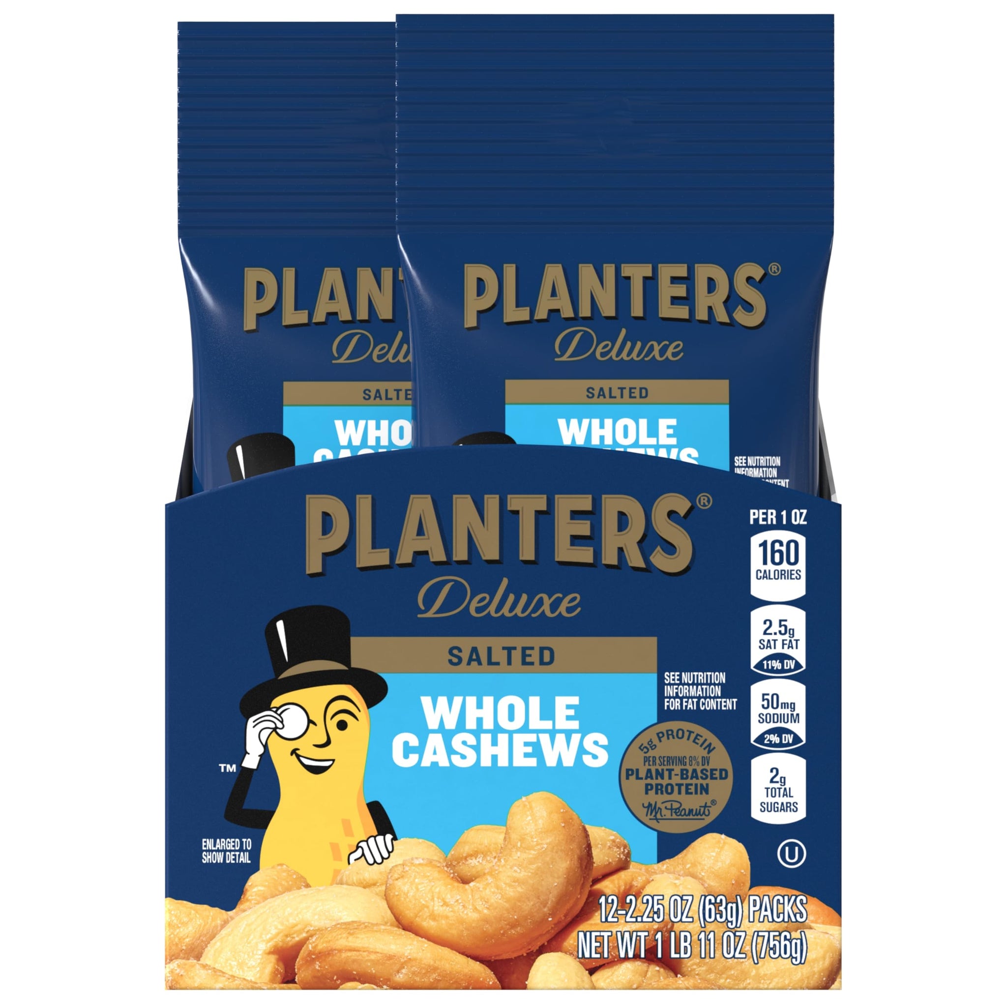 PLANTERS Deluxe Cashews, Party Snacks, Plant-based Protein, 2.25 oz bag (12 Pack)