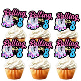 18pcs Black Glitter Pink Roller Skates Dessert Cupcake Topper 80s 90s Retro Hip Hop Roller Skating Rolling into 8 Theme Decor Supplies Boy Girl 8th
