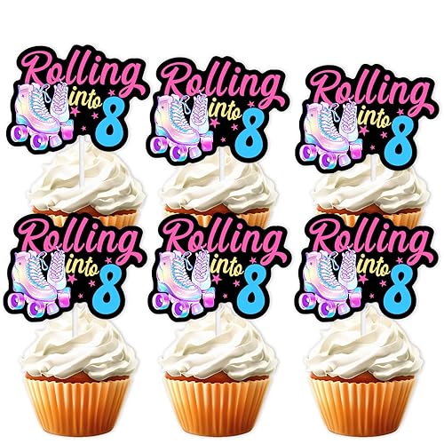 18pcs Black Glitter Pink Roller Skates Dessert Cupcake Topper 80s 90s Retro Hip Hop Roller Skating Rolling into 8 Theme Decor Supplies Boy Girl 8th