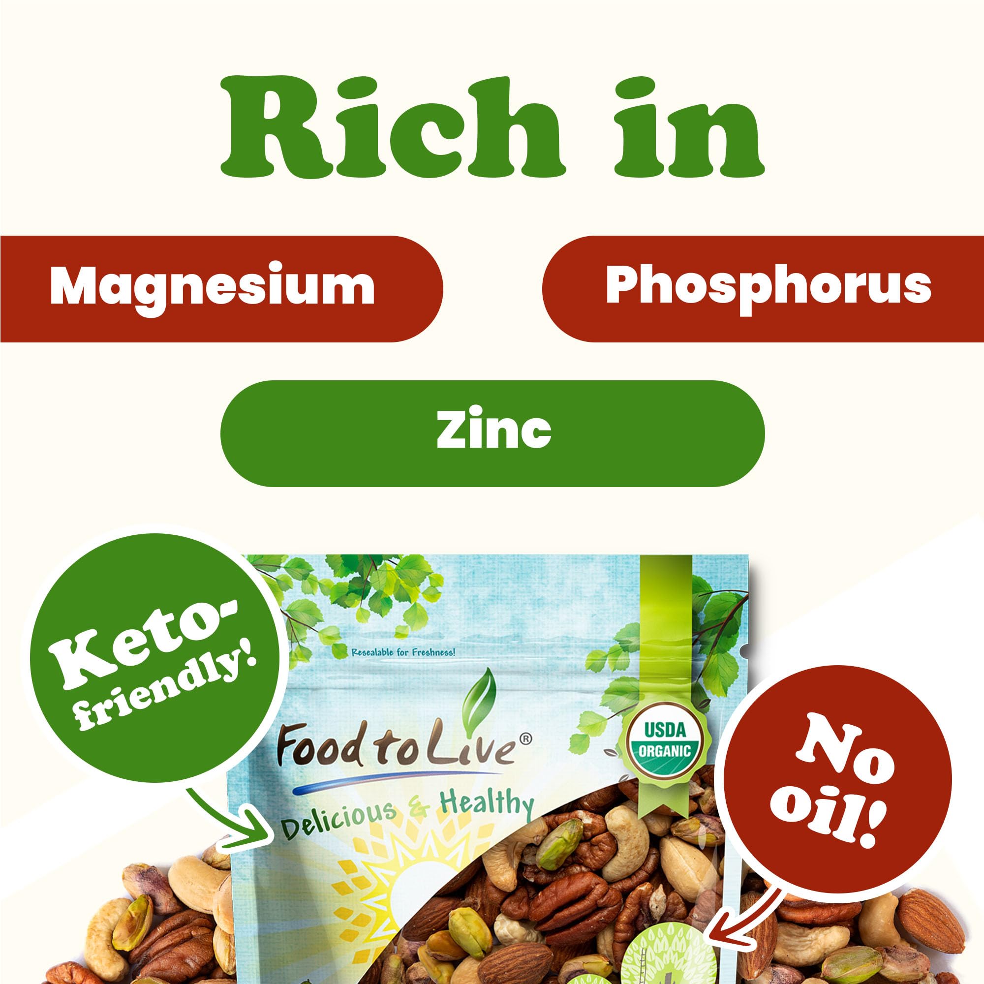 Food to Live Organic Four Nuts Mix, 1 Pound - A Blend of Dry Roasted Pistachios, Almonds, Pecans, Cashews, and Almonds with Himalayan Salt, Trail Mix