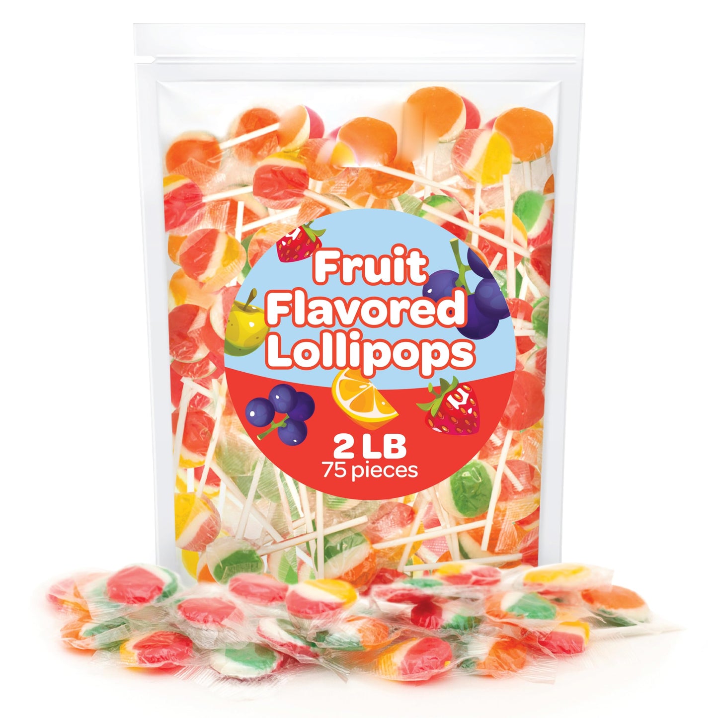 Fruit Lollipops - 2 Pound Bulk Pack (80 Count) - Assorted Fruit Flavored Hard Candy - Hard Candy Individually Wrapped - Flat Suckers for Parties