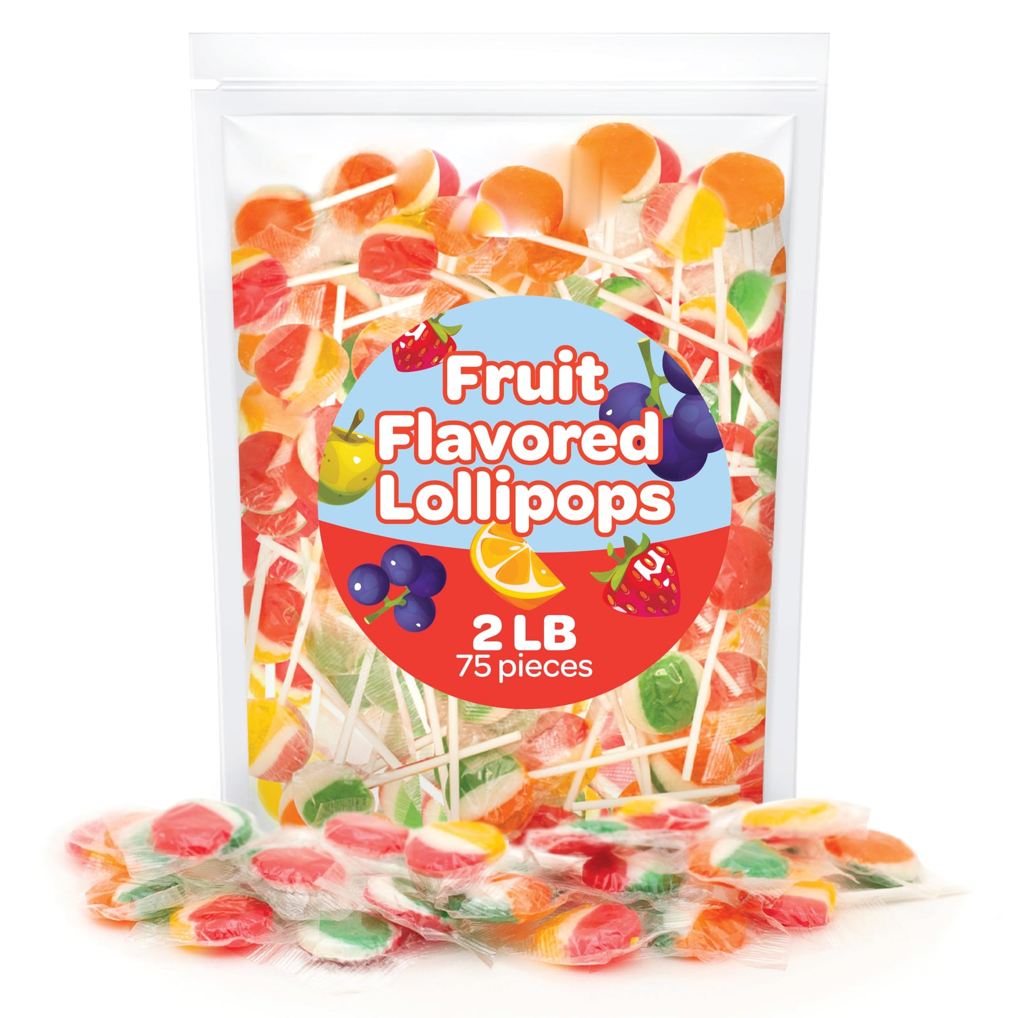 Fruit Lollipops - 2 Pound Bulk Pack (80 Count) - Assorted Fruit Flavored Hard Candy - Hard Candy Individually Wrapped - Flat Suckers for Parties