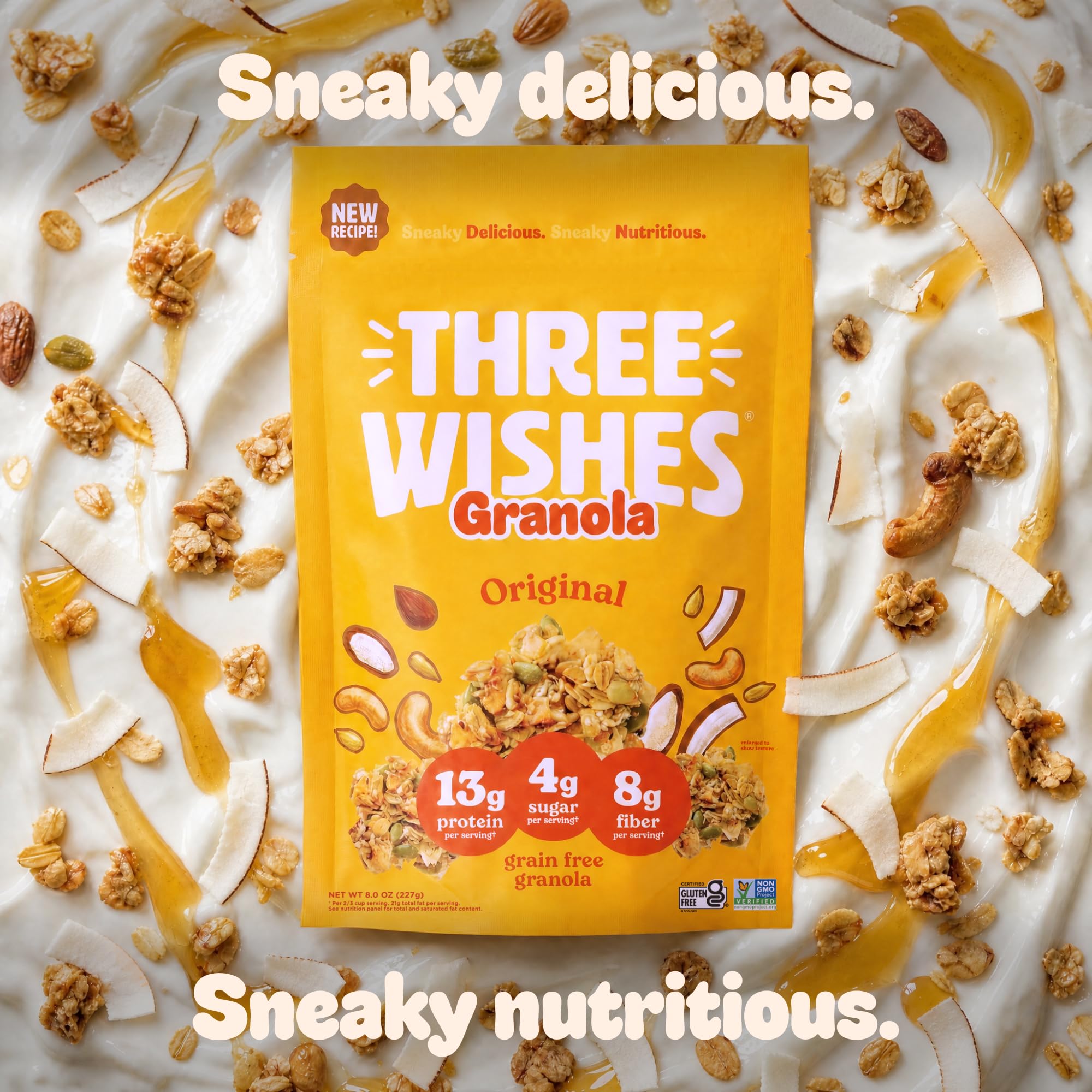 Three Wishes Granola, Original (8-Pack) - Gluten Free Granola, 6g Protein & 3g Sugar Healthy Breakfast & On-the-Go Snack - Vegan, Kosher & Grain-Free