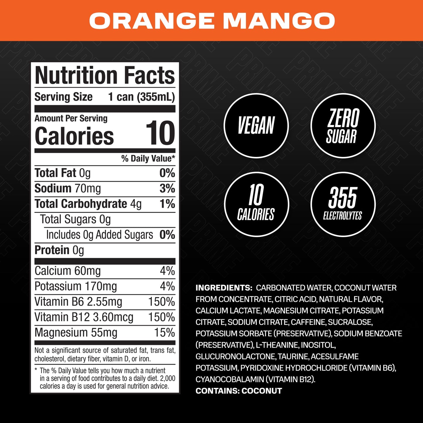 PRIME Energy ORANGE MANGO | Zero Sugar Energy Drink | Preworkout Energy | 200mg Caffeine with 355mg of Electrolytes and Coconut Water for Hydration|